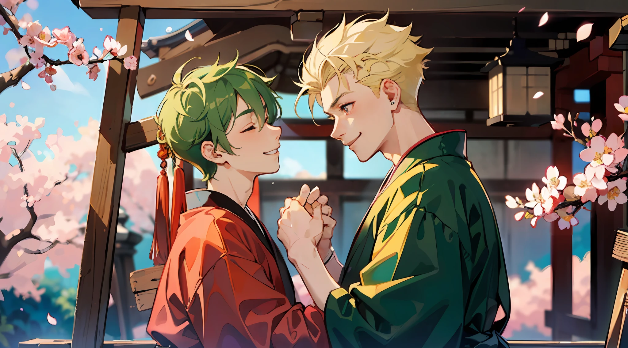 (The Highest Quality:1.4、8k)、(Gay couple facing each other:1.3)、Smile with closed mouth、japanese shrine、Cherry Blossoms。