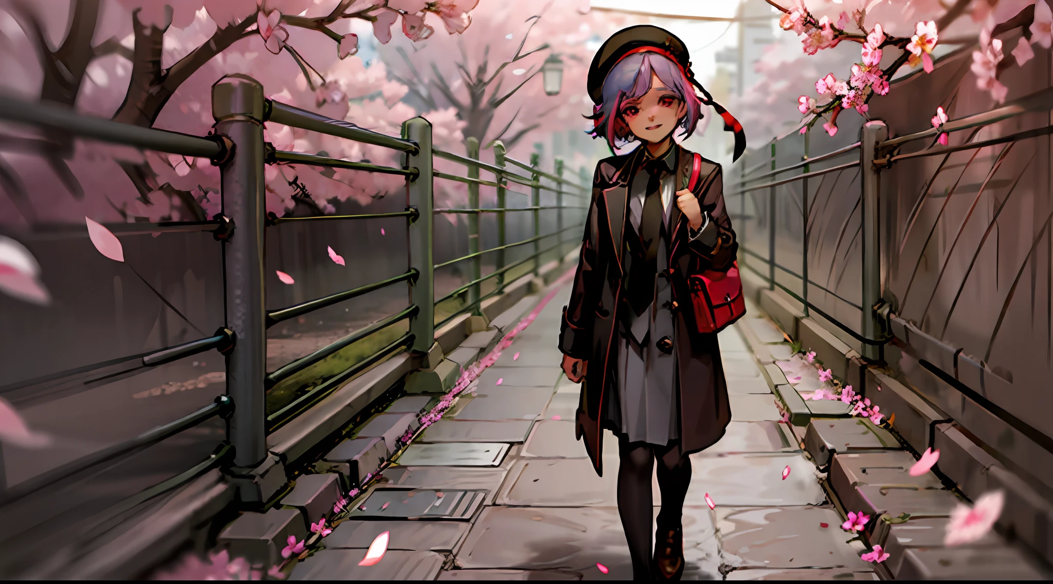 1boy, solo, teenage, portrait, looking at viewer, school uniform, suit, handbag, long black coat, berets, mizuki, (red tie:1.5), short hair, light blue hair, smile, shut up, hand pocket, spring, (sunny: 1.2), cherry blossoms, cherry blossoms, floating flowers, falling flowers, rock path, moss, shade, school, gate, mizuki, walk, depth of field,