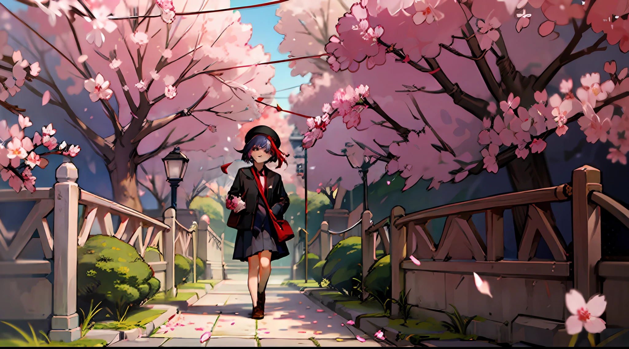 1boy, solo, teenage, portrait, looking at viewer, school uniform, suit, handbag, long black coat, berets, mizuki, (red tie:1.5), short hair, light blue hair, smile, shut up, hand pocket, spring, (sunny: 1.2), cherry blossoms, cherry blossoms, floating flowers, falling flowers, rock path, moss, shade, school, gate, mizuki, walk, depth of field,