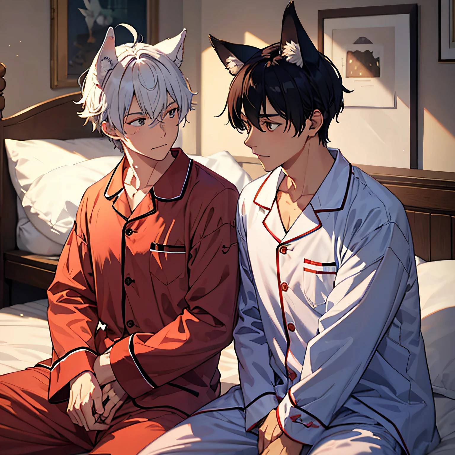 Male wolf ears, shy face, wearing this pajamas, lazing on the bed, turning his body, and a rabbit ear next to him, looking at this male rabbit looking at each other