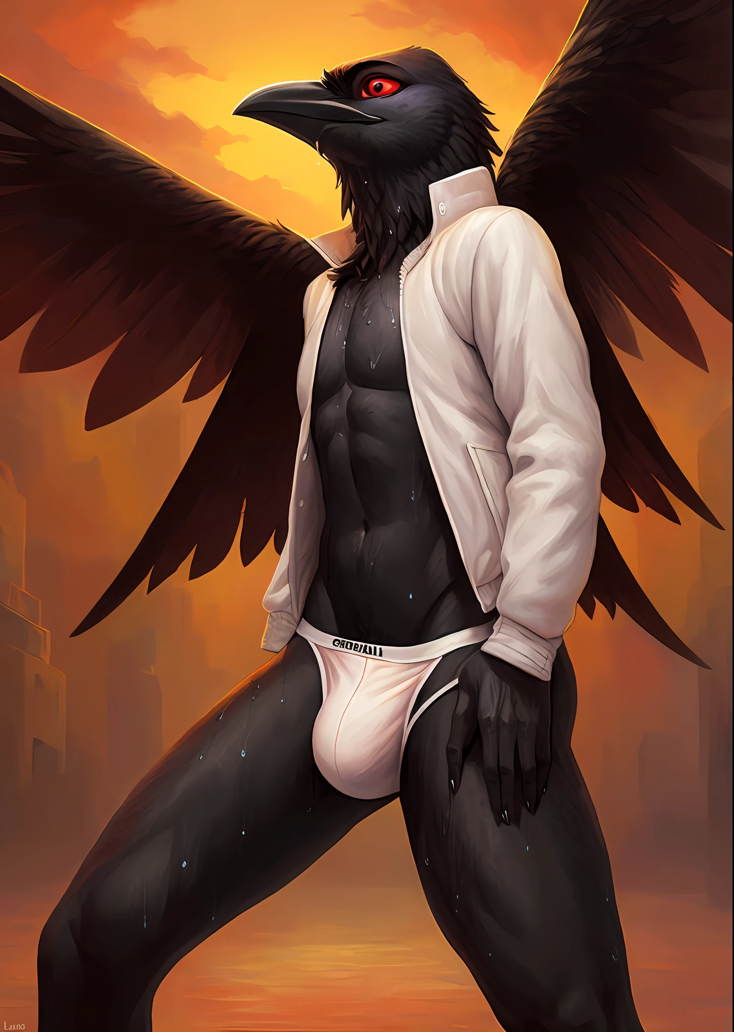 uploaded on e621, by Klongi, by Marco Mazzoni, by Anne Geddes, solo ((corvid)) with (((black body))) and ((black beak)) and (black claws) and ((clear red eyes)) and ((black wings)), (( portrait)), BREAK, ((((wear white jacket with bottomless)))), (detailed Anthony Thieme anthro corvid), ((bulge, male, underwear, small bulge))(detailed Bonifasko lighting), (detailed fur), (detailed feathers), (detailed skin), BREAK, ((fighting pose at dance hall on dusk)), (cinematic lighting), ((detailed background)), ((looking away)), (((front view))), (((wet))), (half body shadow), [backlighting], [crepuscular ray], [detailed ambient light], [gray natural lighting], [realistic proportions], [explict content], [sharp focus], (questionable content), (shaded), ((masterpiece)), BREAK