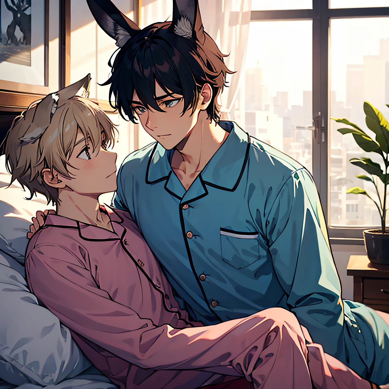 Male wolf ears, shy face, wearing this pajamas, lazing on the bed, turning his body, and a rabbit ear next to him, looking at this male rabbit looking at each other