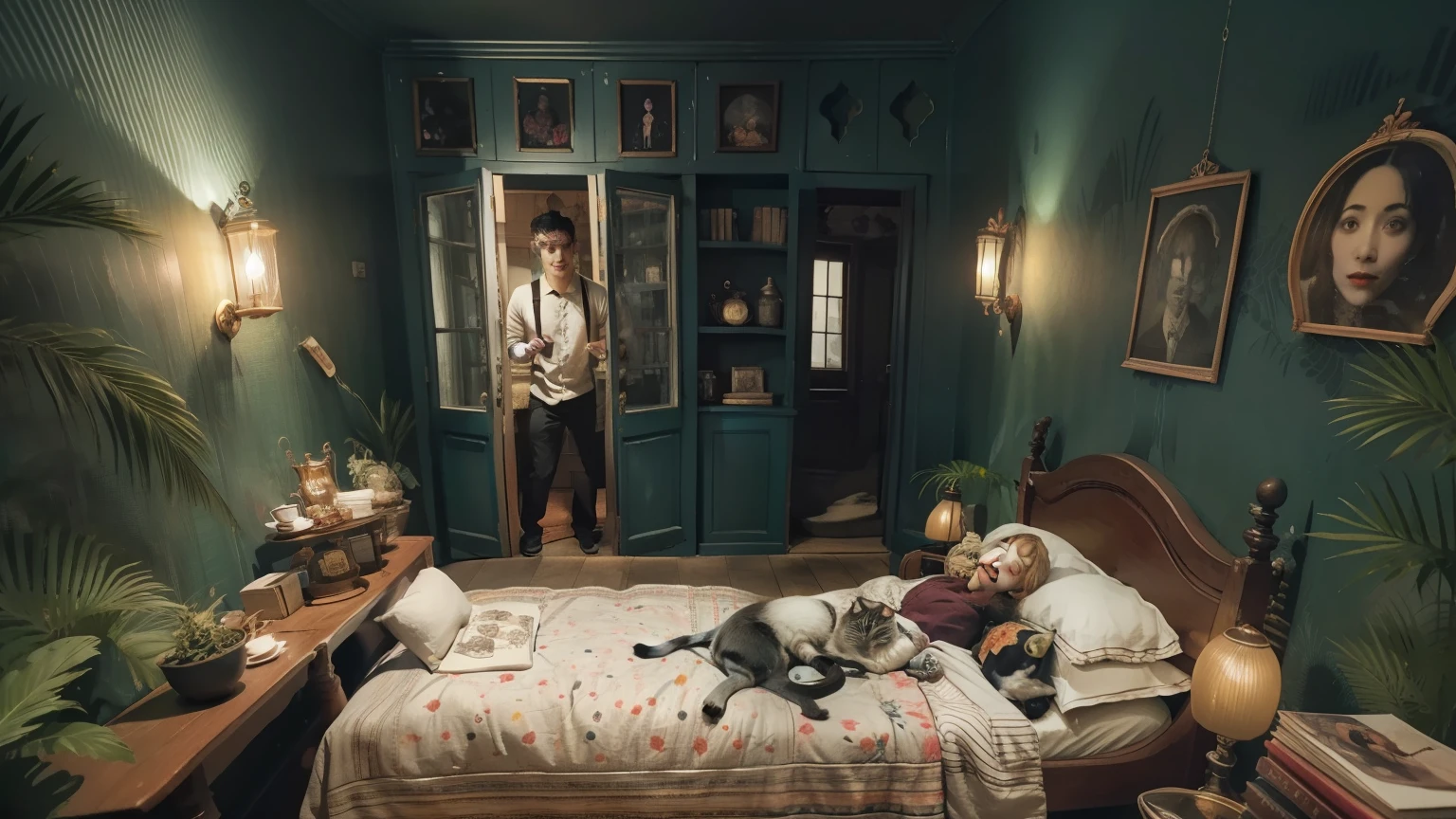 A charming immersion in the universe of the film Coraline, parede de teias de aranha e gatos pretos, dark plank floor, soft lighting in amber tones, Majestic red bed and patchwork of buttons, penteadeira vintage com espelho oval e objetos curiosos, livros antigos, music boxes and hand-painted mural of the secret garden from the movie Coraline, Themed afternoon tea service with treats and red hibiscus tea, Coraline movie posters on the wall.