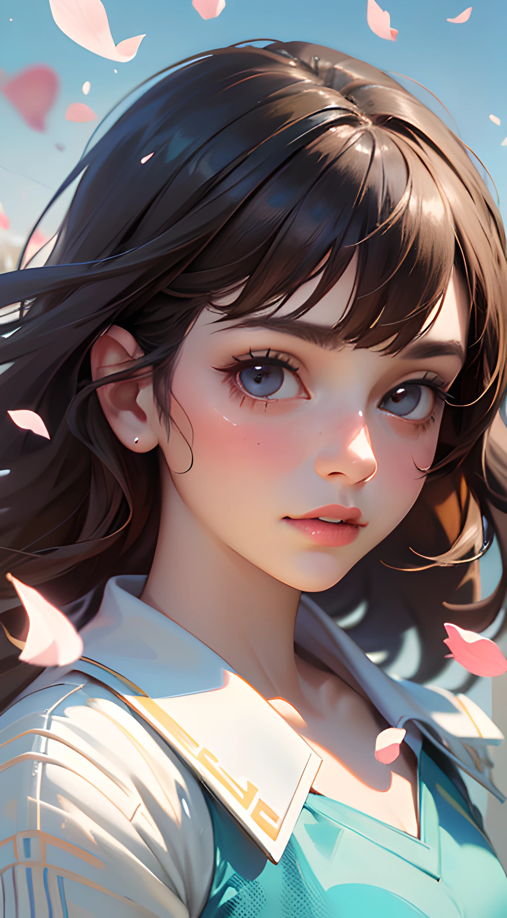 (best quality, masterpiece, ultra-realistic), 1 beautiful and delicate portrait of a girl, playful and cute, with floating petals in the background