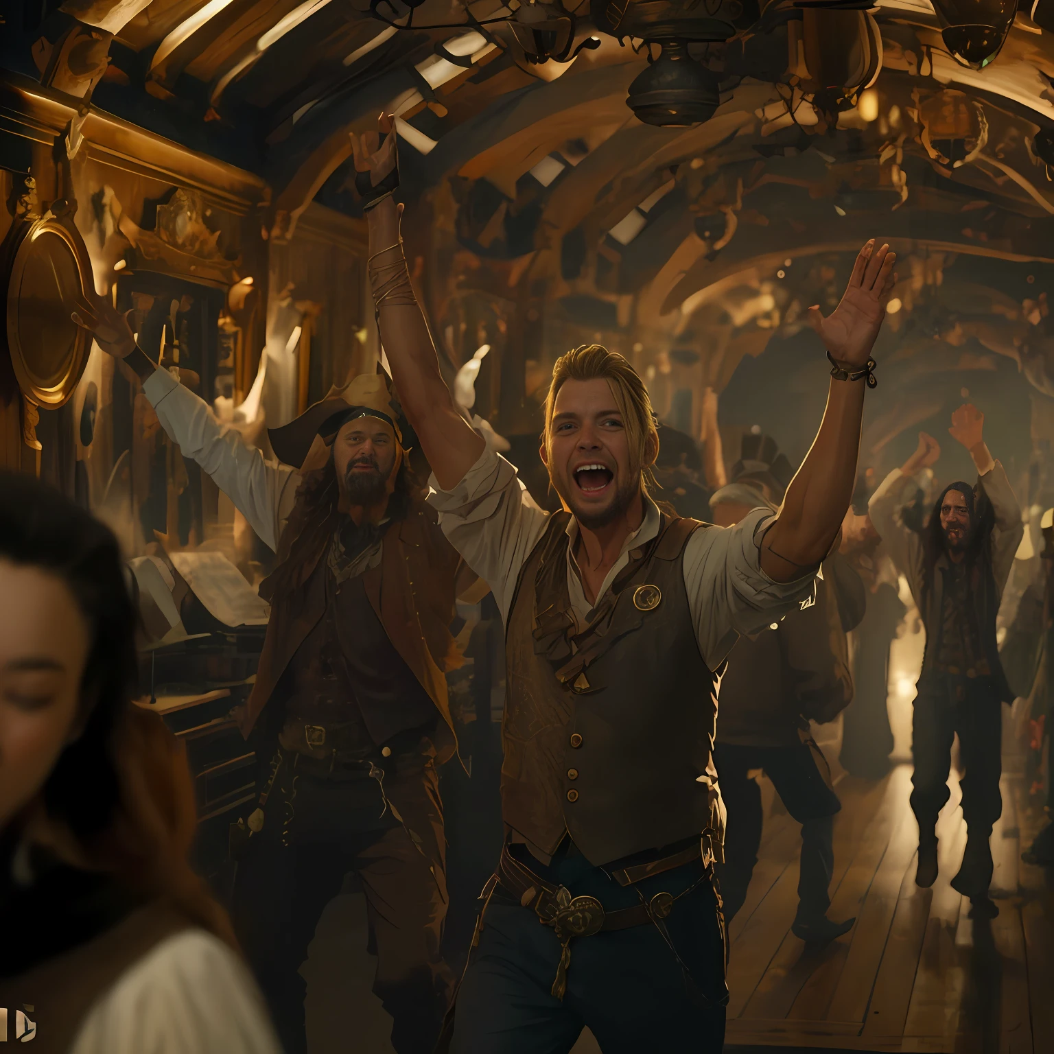 pirates of the caribbean movie still has a lot of fun, still from a live action movie, a still of a happy, by Karl Völker, screenshot from a movie, still from the movie, 8 k movie still, scene from live action movie, by Aleksander Gierymski, weta disney movie still photo, film still dnd