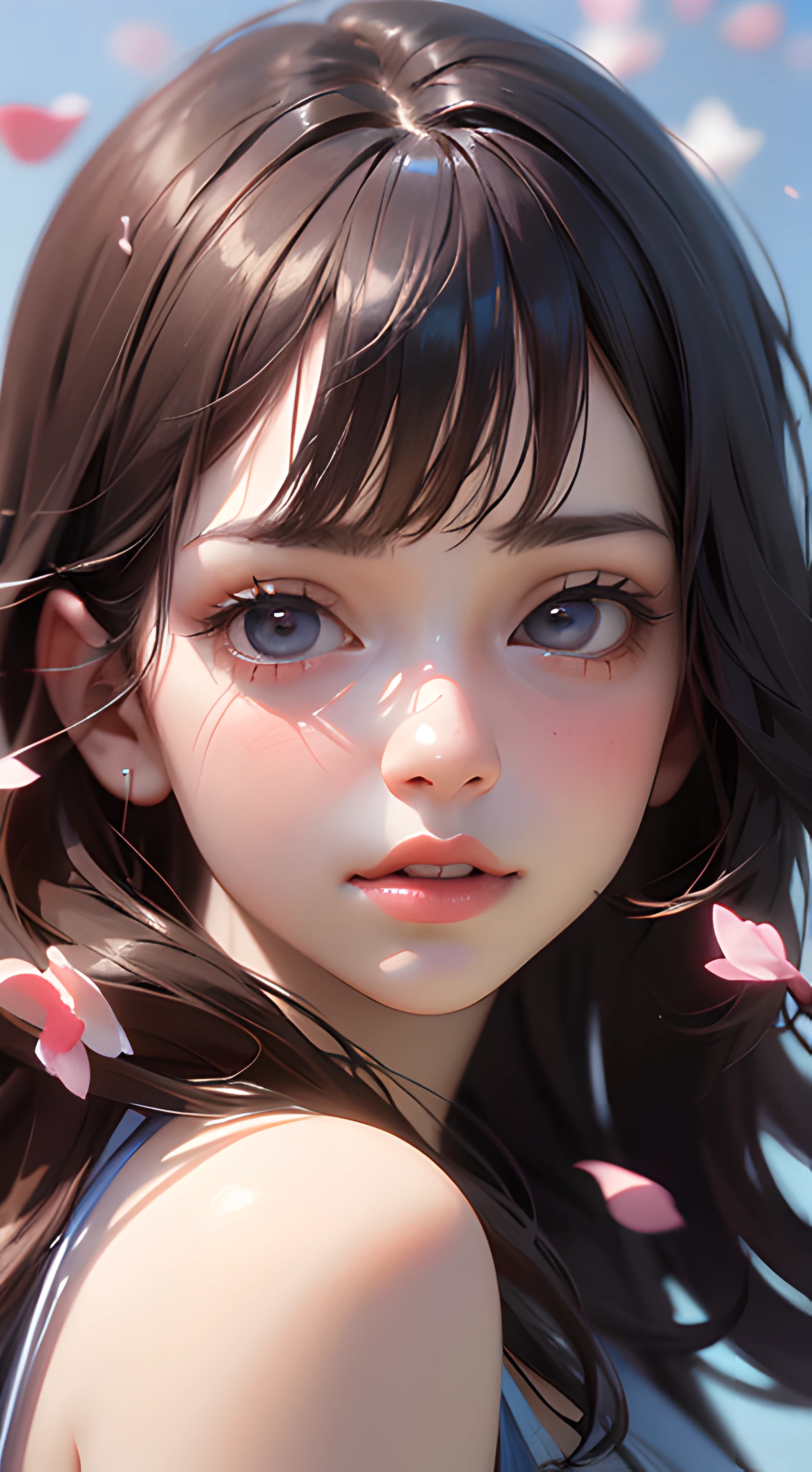 (best quality, masterpiece, ultra-realistic), 1 beautiful and delicate portrait of a girl, playful and cute, with floating petals in the background