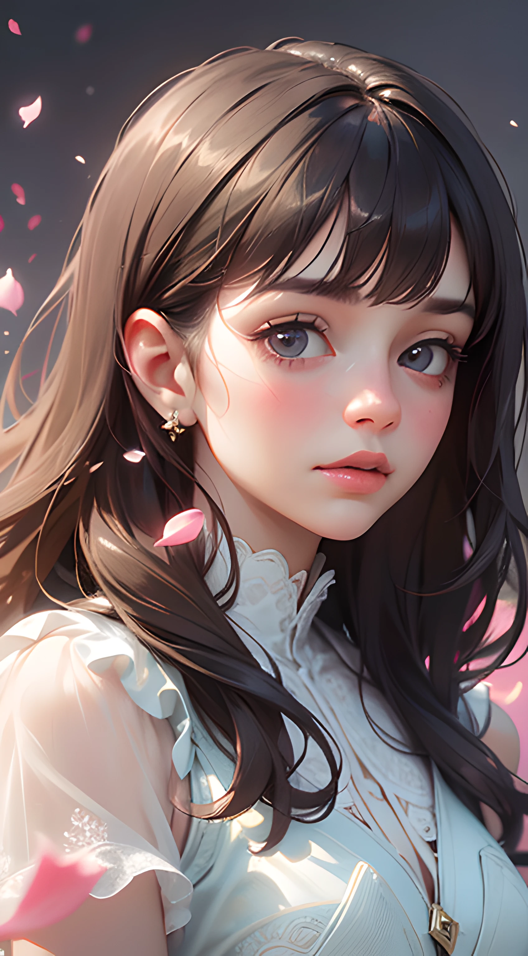 (best quality, masterpiece, ultra-realistic), 1 beautiful and delicate portrait of a girl, playful and cute, with floating petals in the background