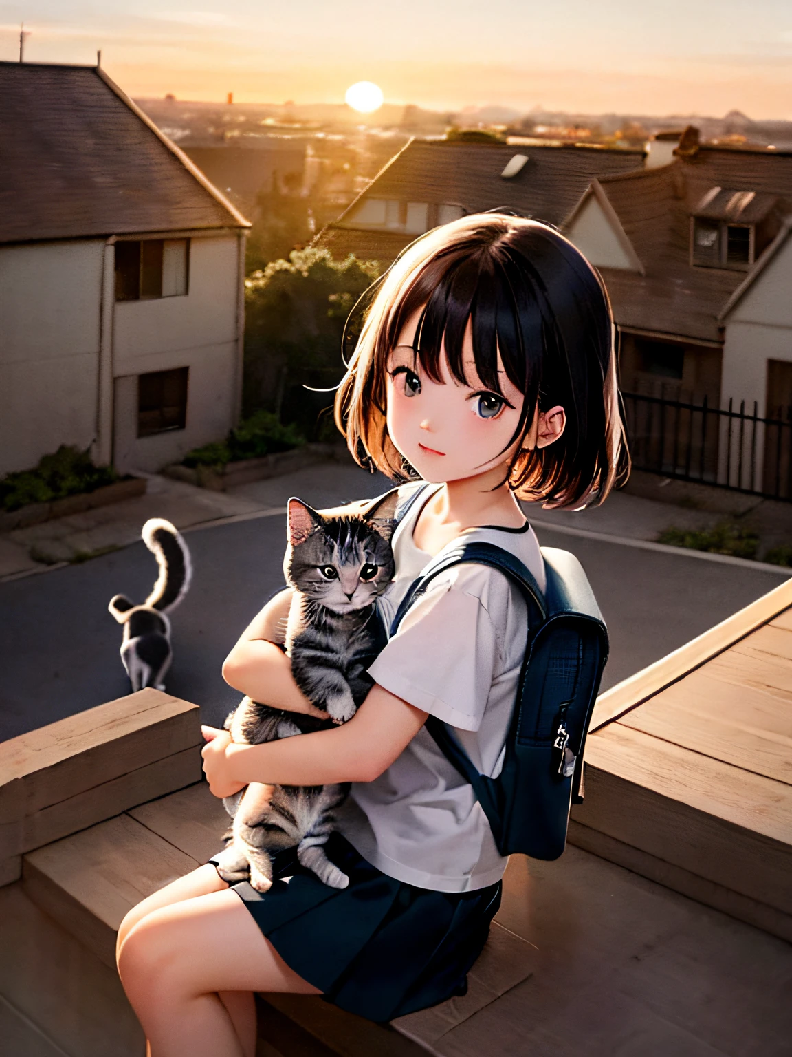 A very charming little girl with a backpack sitting holding her cute kitten, on the roof, facing the audience with the sunset behind and two fighting puppies in front. The illustration is a high-definition illustration in 4K resolution with highly detailed facial features and cartoon-style visuals