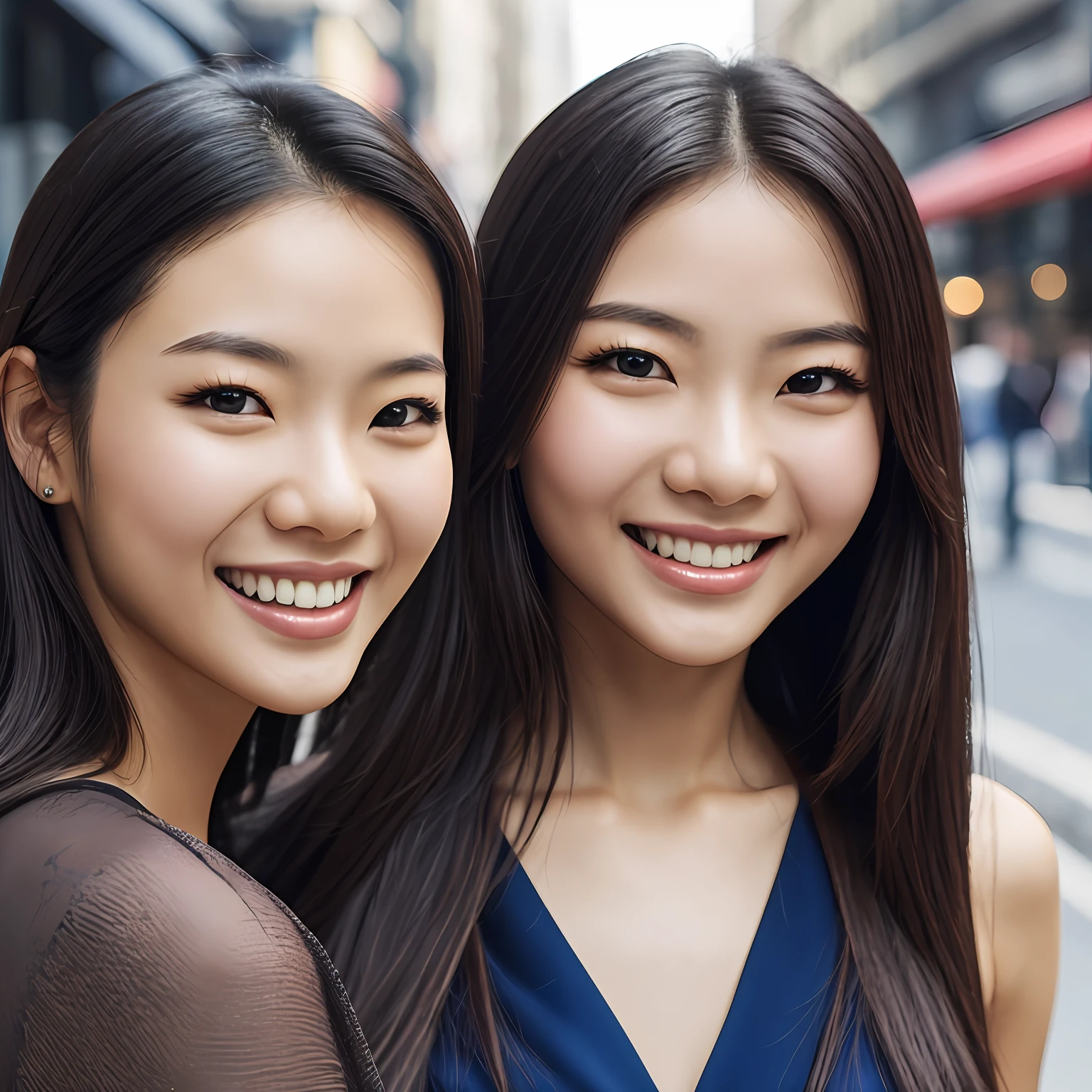 ((bestbestquality,master masterpiece:1.3)), 1女孩, Sorrisos, total body, slim face, Beautiful woman, (Dark Brown Hair), Full-length dress :1.1, Super detailed face, Detailed eyes, Double eyelidd, blur background, slim face, The city, Exterior, the street, --auto