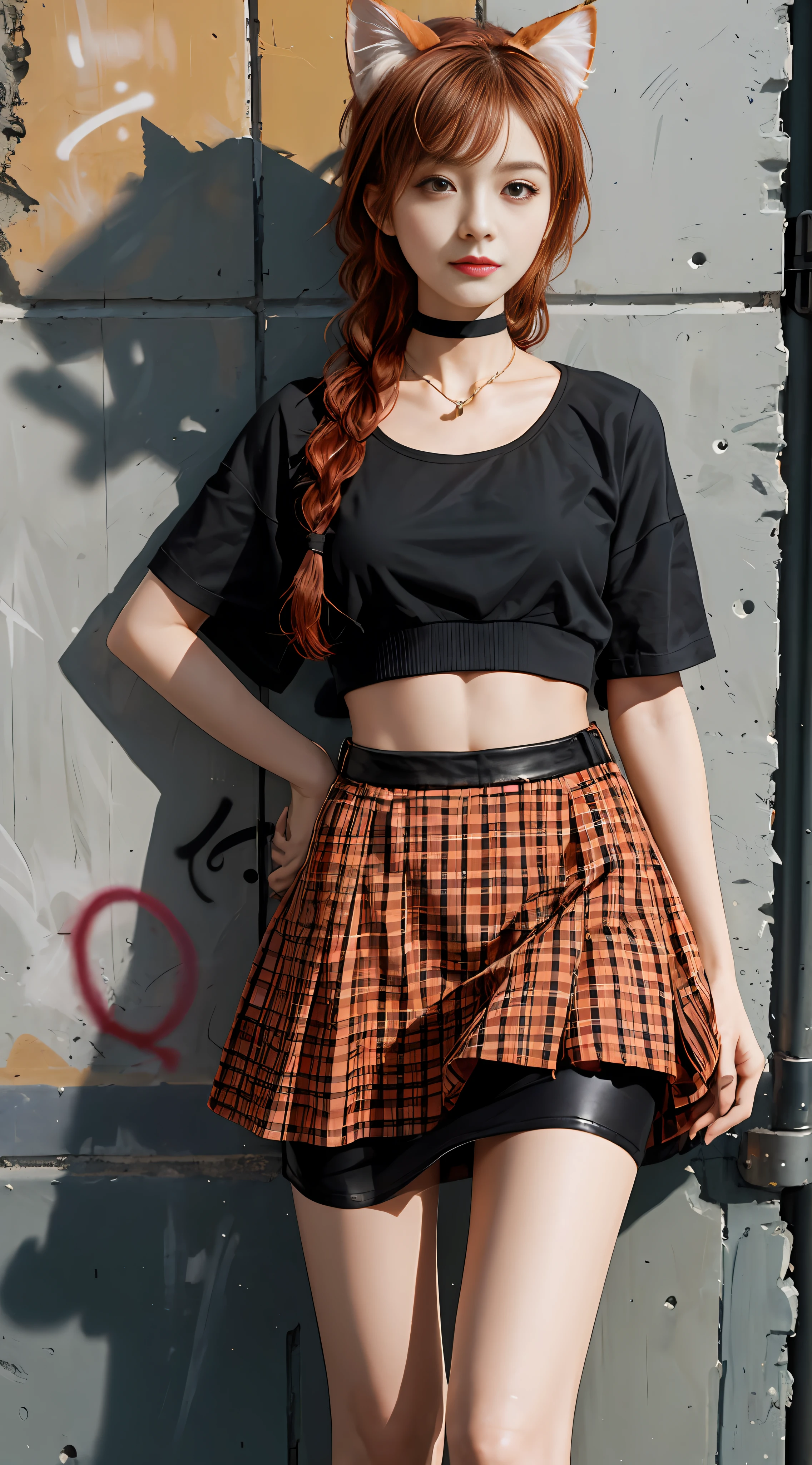 masterpiece, supreme quality, 1girl, solo performance, chic cropped top, vivid red hair, (plush cat ears), sophisticated braid, gentle fringe, captivating choker, (graffiti: 1.5), artistic paint splashes, enticing arms behind back, leaning on wall, gazing at viewer, trendy armband, urban hip-hop flair, flirtatious skirt, mischievous head tilt, powerful expression, warm orange hues, energetic asymmetrical layout, striking geometric patterns, imaginative street art, interplay of sunlight and shadows,