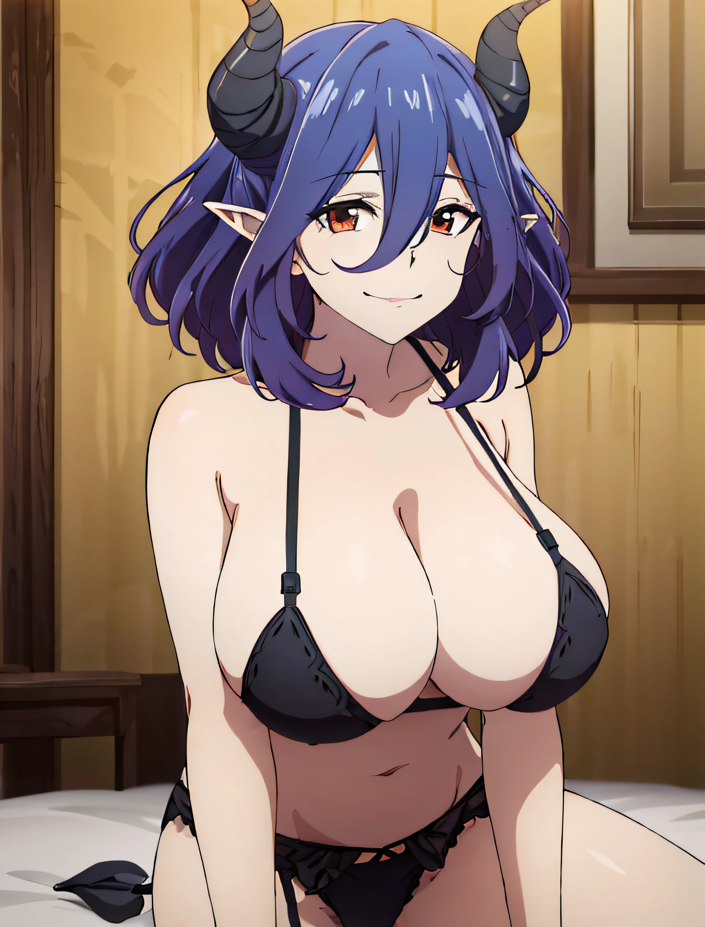Chica de anime con cuernos y un sujetador negro trsaparente sentado en una cama, seductora chica de anime, OPPAI, , succubus in tight short dress, Anime Moe Artstyle,, coqueto anime bruja casting magia, Proporciones OPPAI, enormes pechos!