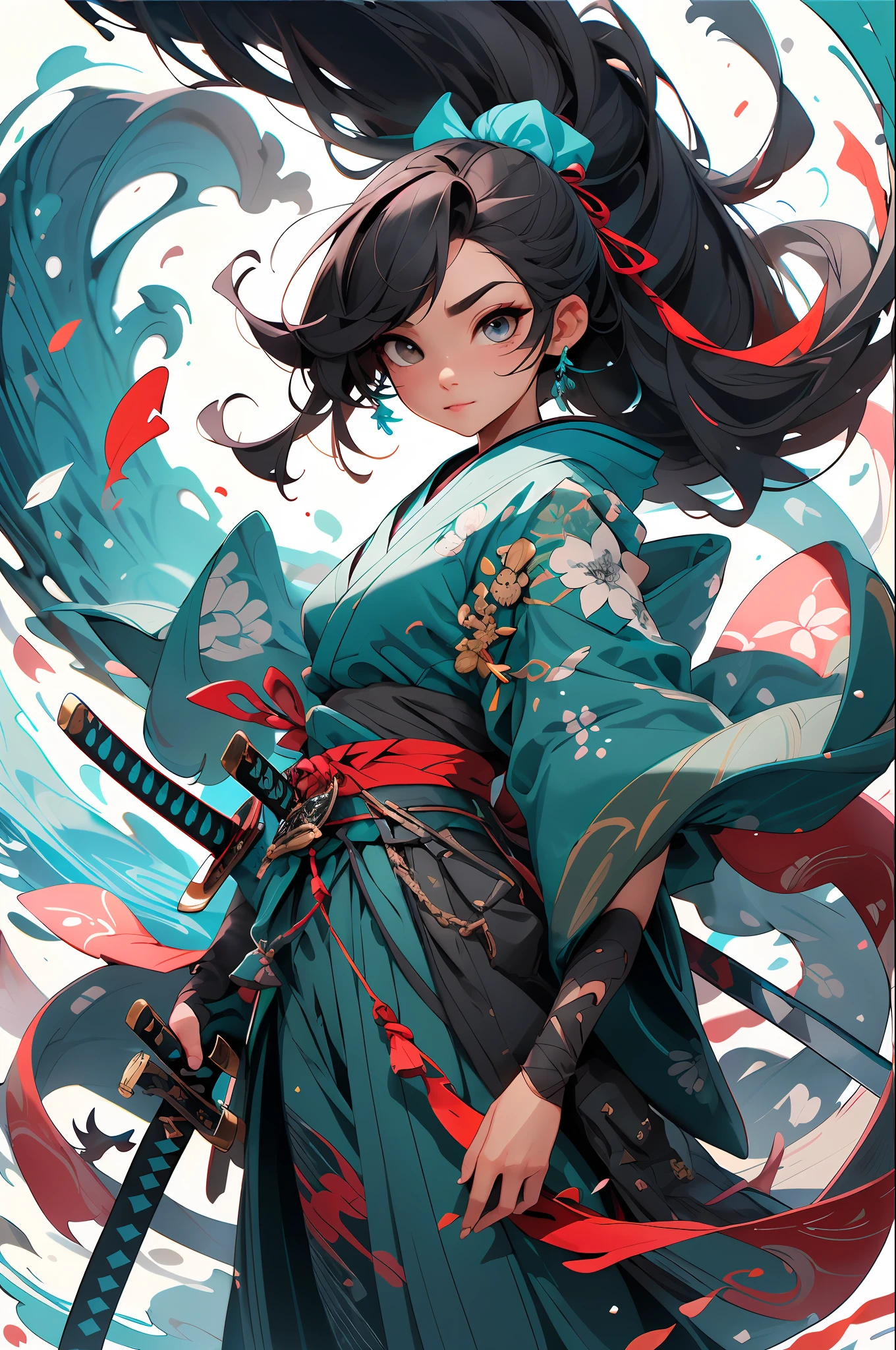 , arma, 1girl, cabelo longo, foco feminino, espada, solo, roupas azuis, roupas japonesas, segurando, segurando a arma, katana, segurando espada, bainha, , , mangas longas, , haori, , hakama, quimono azul, sheathed, corpo inteiro,
,,