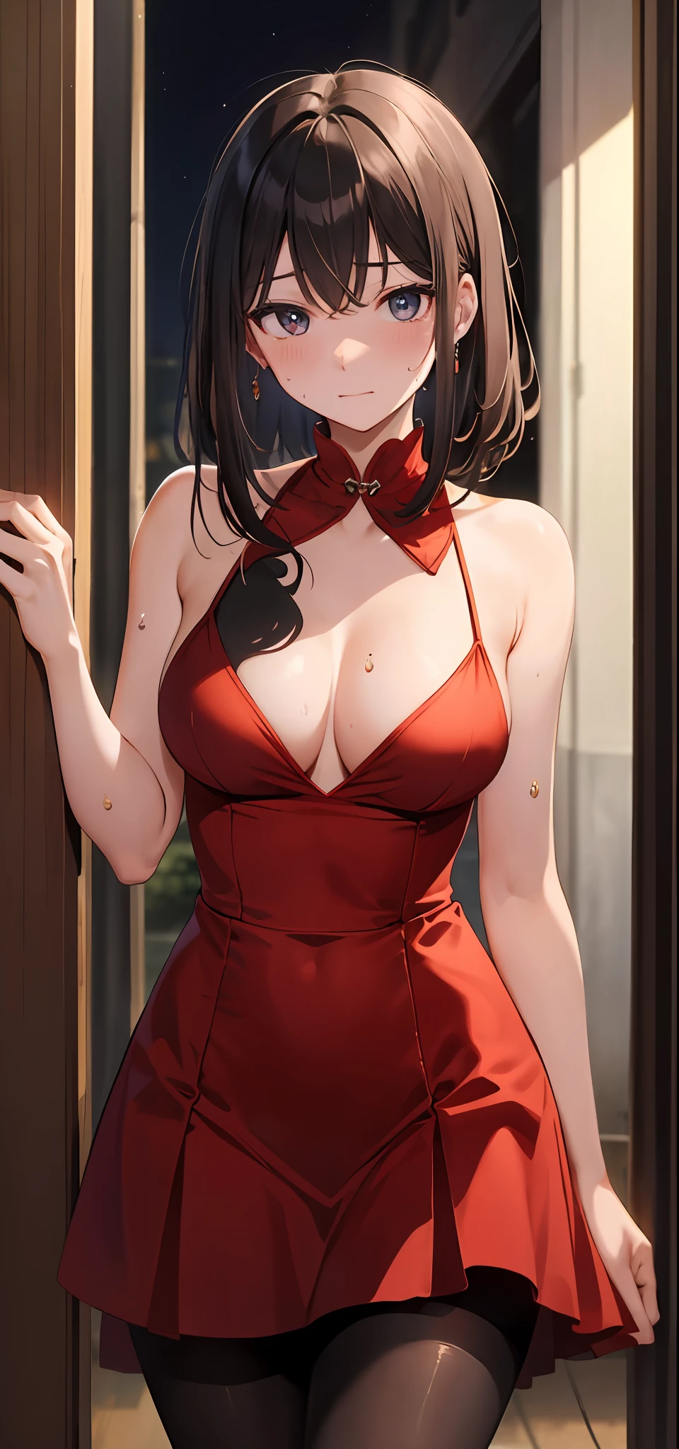 masterpiece, perfectquality, perfect detailed, high resolution, extremely delicate and beautiful, (evening dress), (pantyhose), (breasts), (sweating)