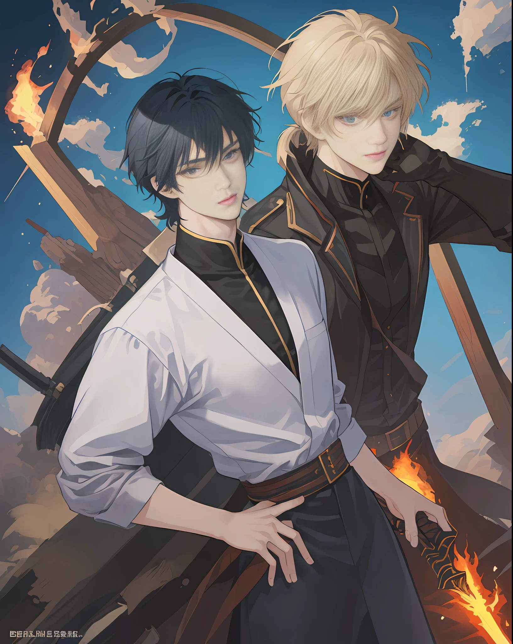 ((The Highest Quality、master masterpiece)), comic art、anime characters with a fire in their hair and a man with a sword, otaku gangasta, sirius a and sirius b, high quality fanart, from cryptid academia, two anime handsome men, epic anime style, anime poster, Detailed fan art, akehiko inoue and ross tran