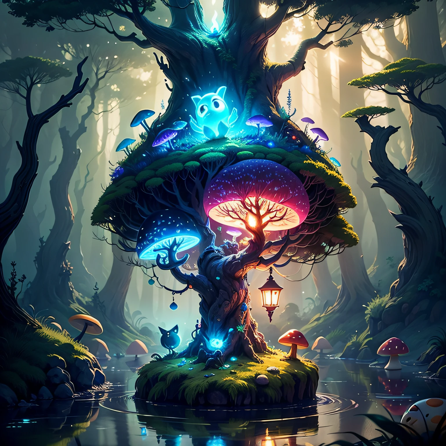 spiritual tree, twilight ray, blonde light, star lit sky, forest with water and rock and bright mushroom, (Ori and the Blind Forest), (Ori and the Will of the Wisps), 2D game, Digital art of, realistic scale, sharp focus, (HDR), (8k), (gigapixel), ((master masterpiece，)) --auto