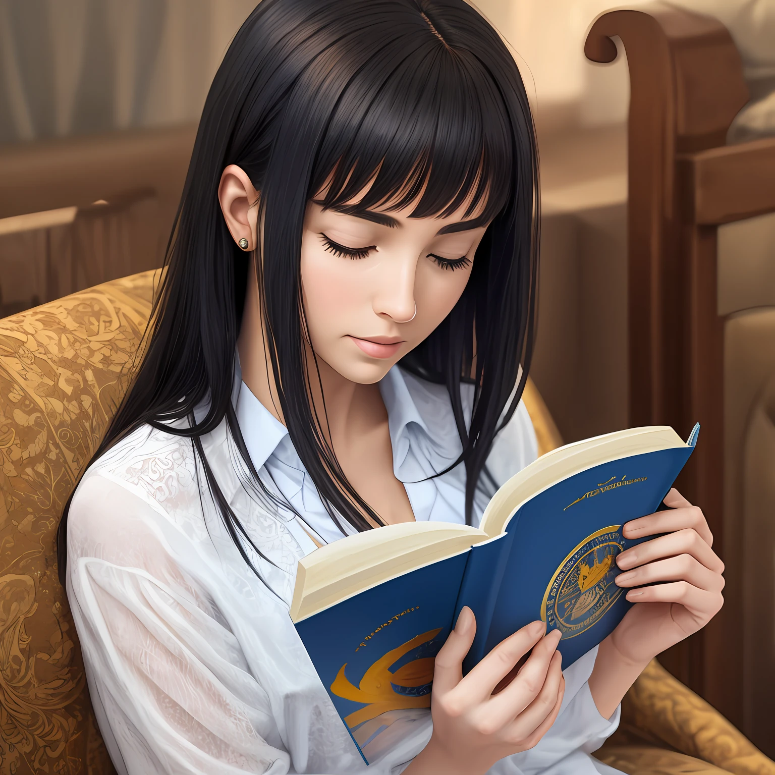 Beautiful white woman with black hair reading and praying with her hands over a holy bible, vitral cor azul e laranja no plano de fundo, foto em alta resolução 4k