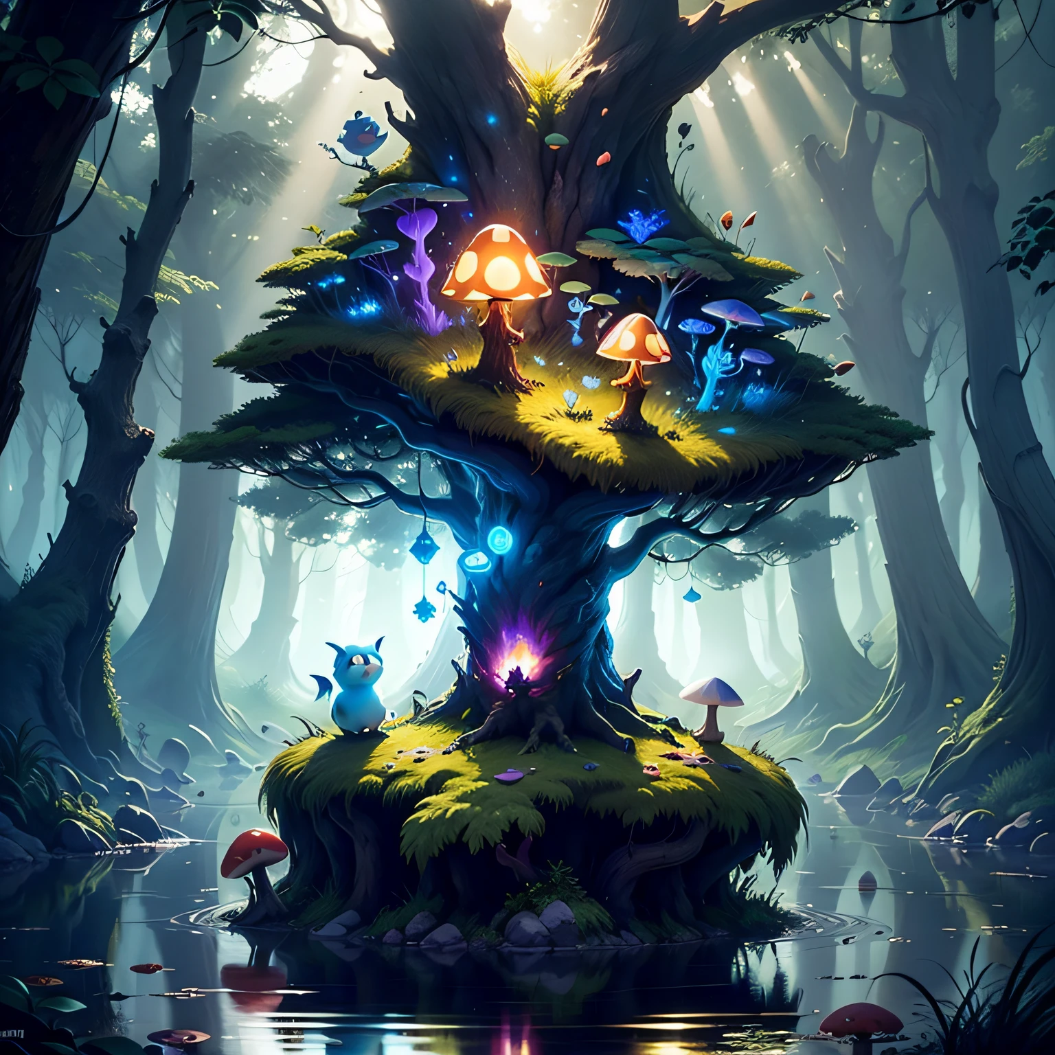 spiritual tree, twilight ray, blonde light, star lit sky, forest with water and rock and bright mushroom, (Ori and the Blind Forest), (Ori and the Will of the Wisps), 2D game, Digital art of, realistic scale, sharp focus, (HDR), (8k), (gigapixel), ((master masterpiece，)) --auto