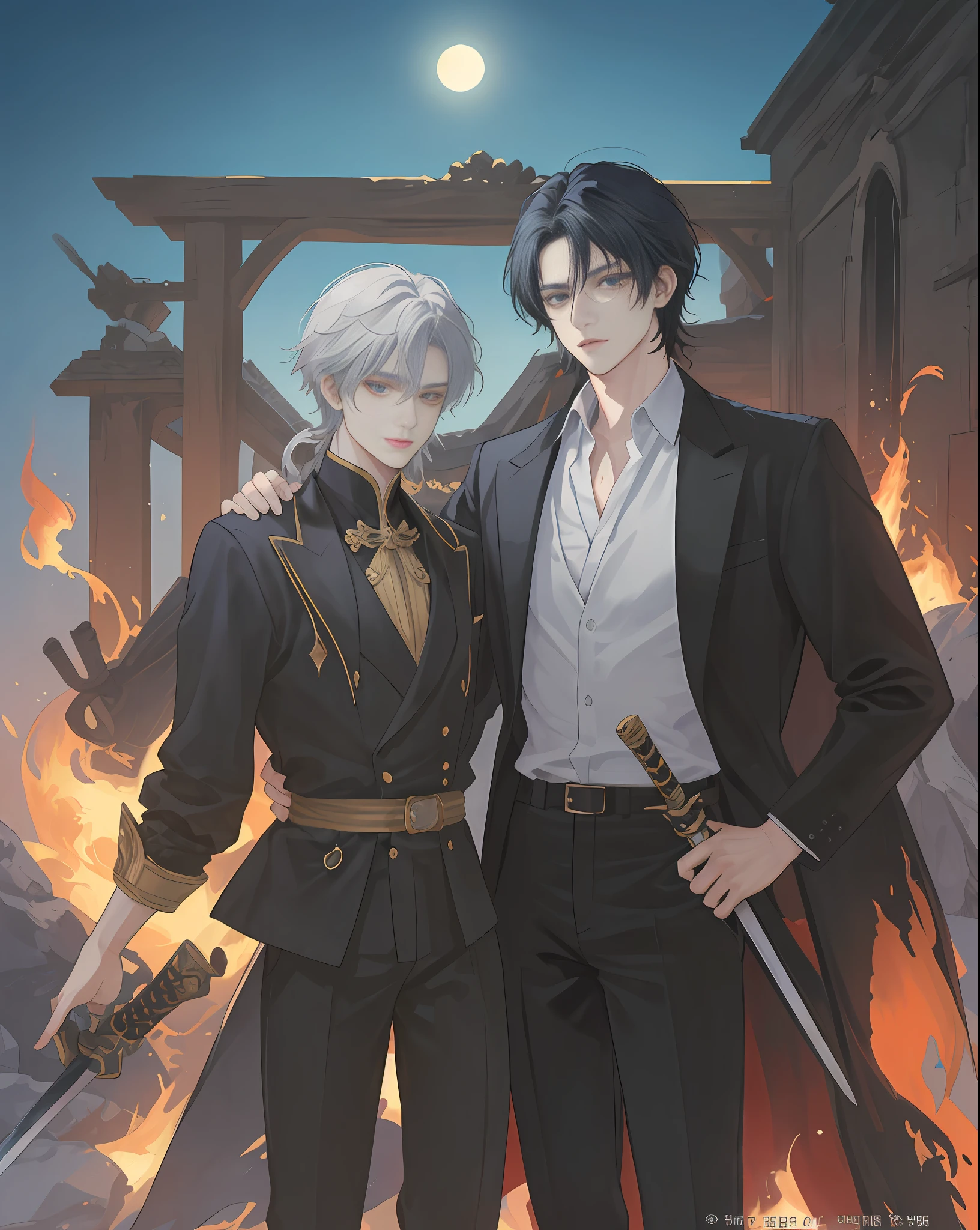 ((The Highest Quality、master masterpiece)), comic art、anime characters with a fire in their hair and a man with a sword, otaku gangasta, sirius a and sirius b, high quality fanart, from cryptid academia, two anime handsome men, epic anime style, anime poster, Detailed fan art, akehiko inoue and ross tran