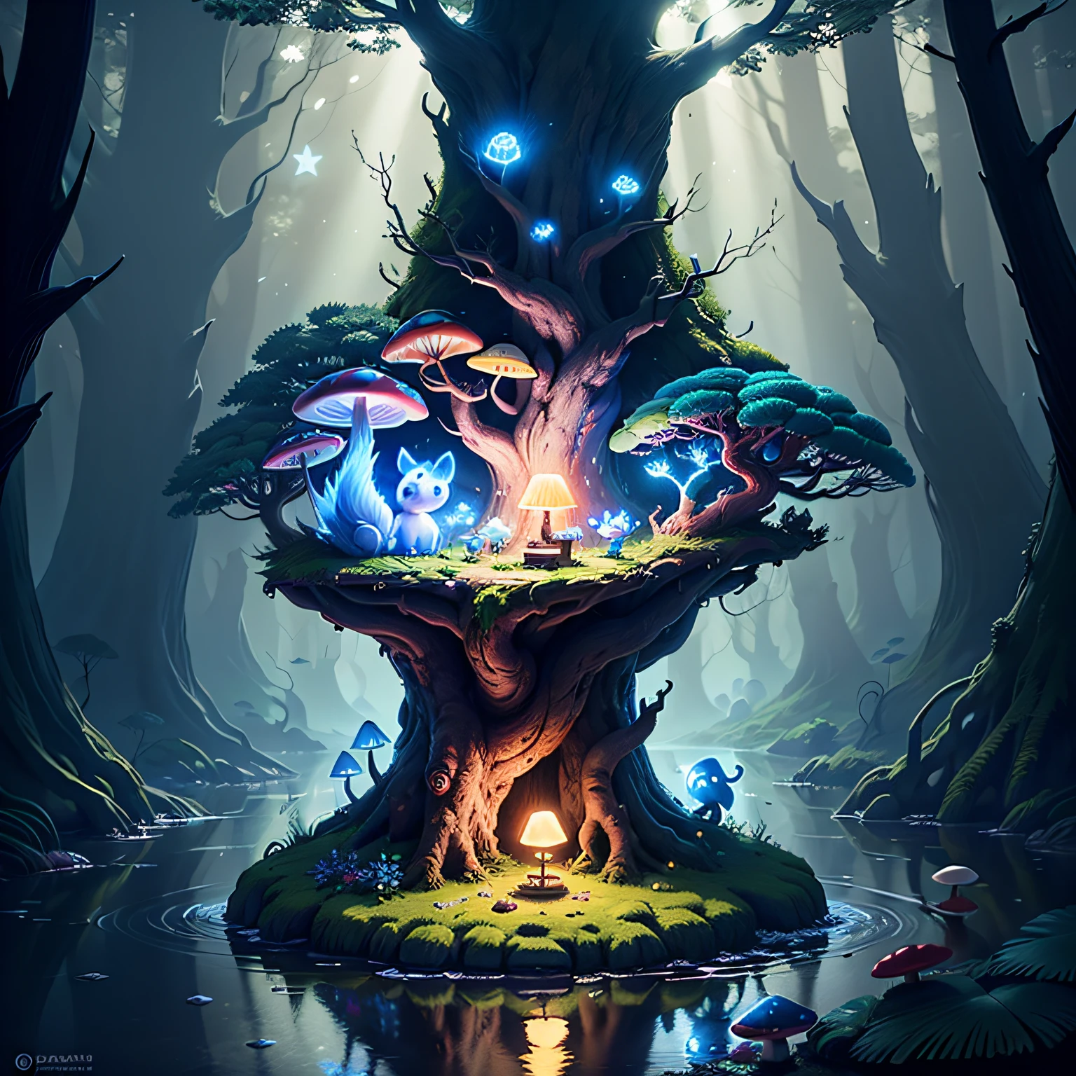 spiritual tree, twilight ray, blonde light, star lit sky, forest with water and rock and bright mushroom, (Ori and the Blind Forest), (Ori and the Will of the Wisps), 2D game, Digital art of, realistic scale, sharp focus, (HDR), (8k), (gigapixel), ((master masterpiece,)) --auto