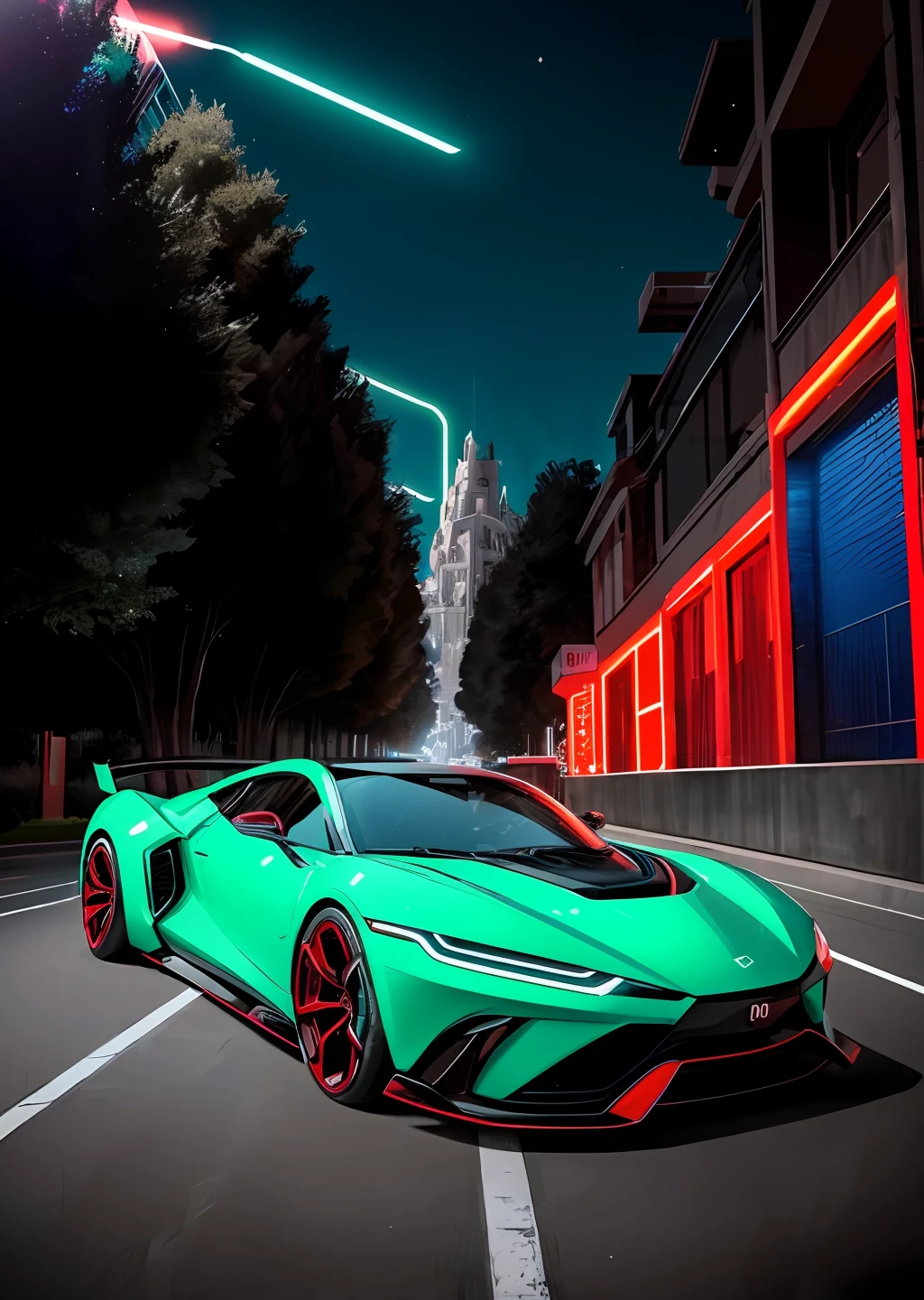 (High Definition, 9k) Science fiction art. Starwars style city, A futuristic electric sports car with neon headlights in Gaudi style design, 45 º photography
