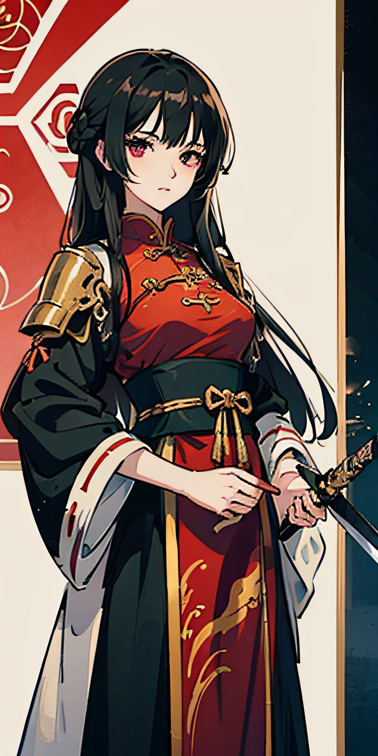 best,master masterpiece,beste Quality，exquisite eyes，Complicated Detail，Anime girl with long black hair and red eyes in a red cheongsam，Anime style like destiny/Stay overnight，anime girl wearing a black dress，Brunette anime girl with long hair，Lorish，Fantasy style anime  ，japanese warrior  ，armor，Saber，longsword