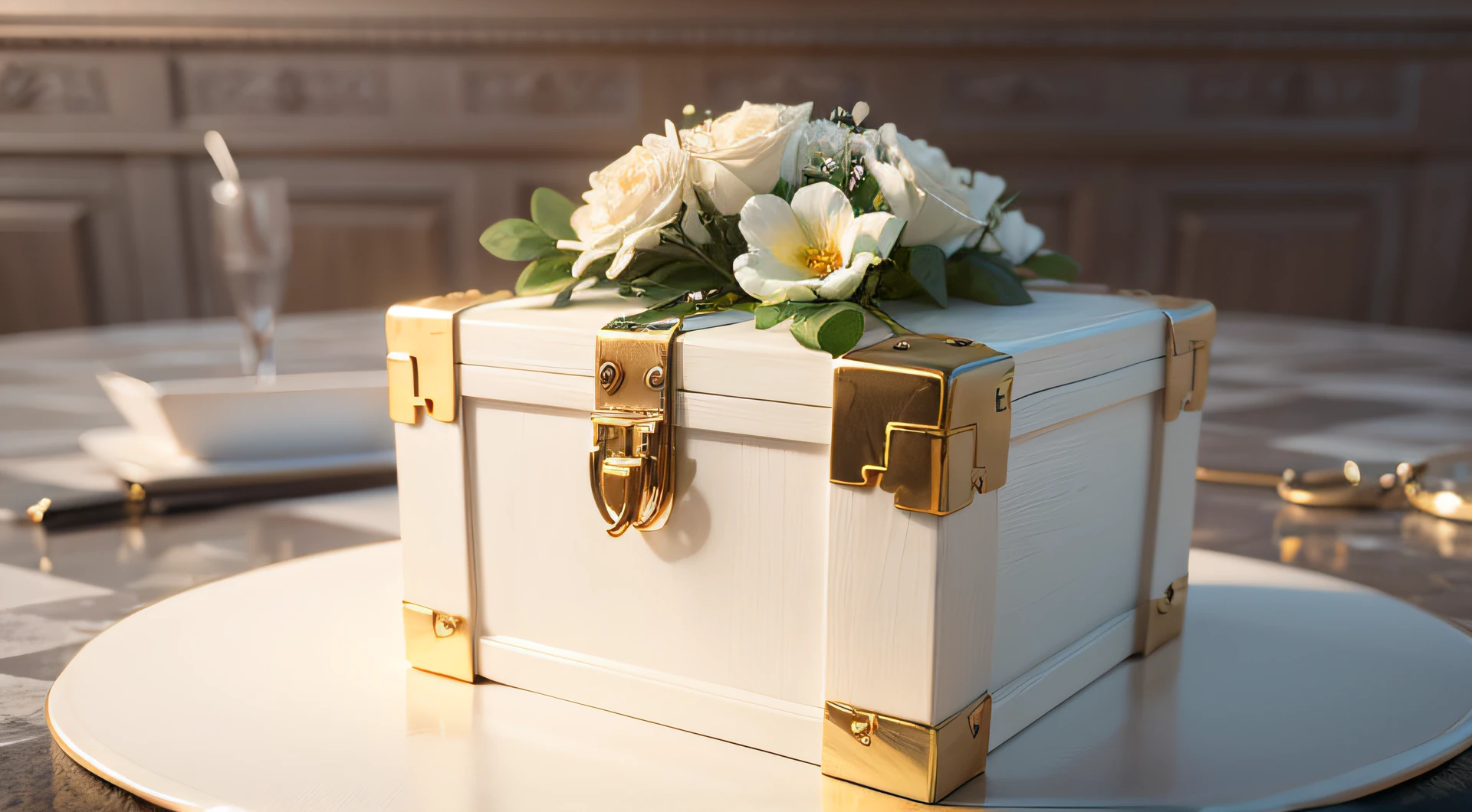 There is a white box,There is a white ribbon and flowers on it, white box, front of the treasure box, luxurious wedding, ivory rococo, white pubic fur,gold accents, elegant intricate, box, elegant highly detailed, very detailed and high quality, rendering, luxury item showcase, beautiful detailed elegant, bride,,, highly detailed render, intricated detail, 3 d product render --auto
