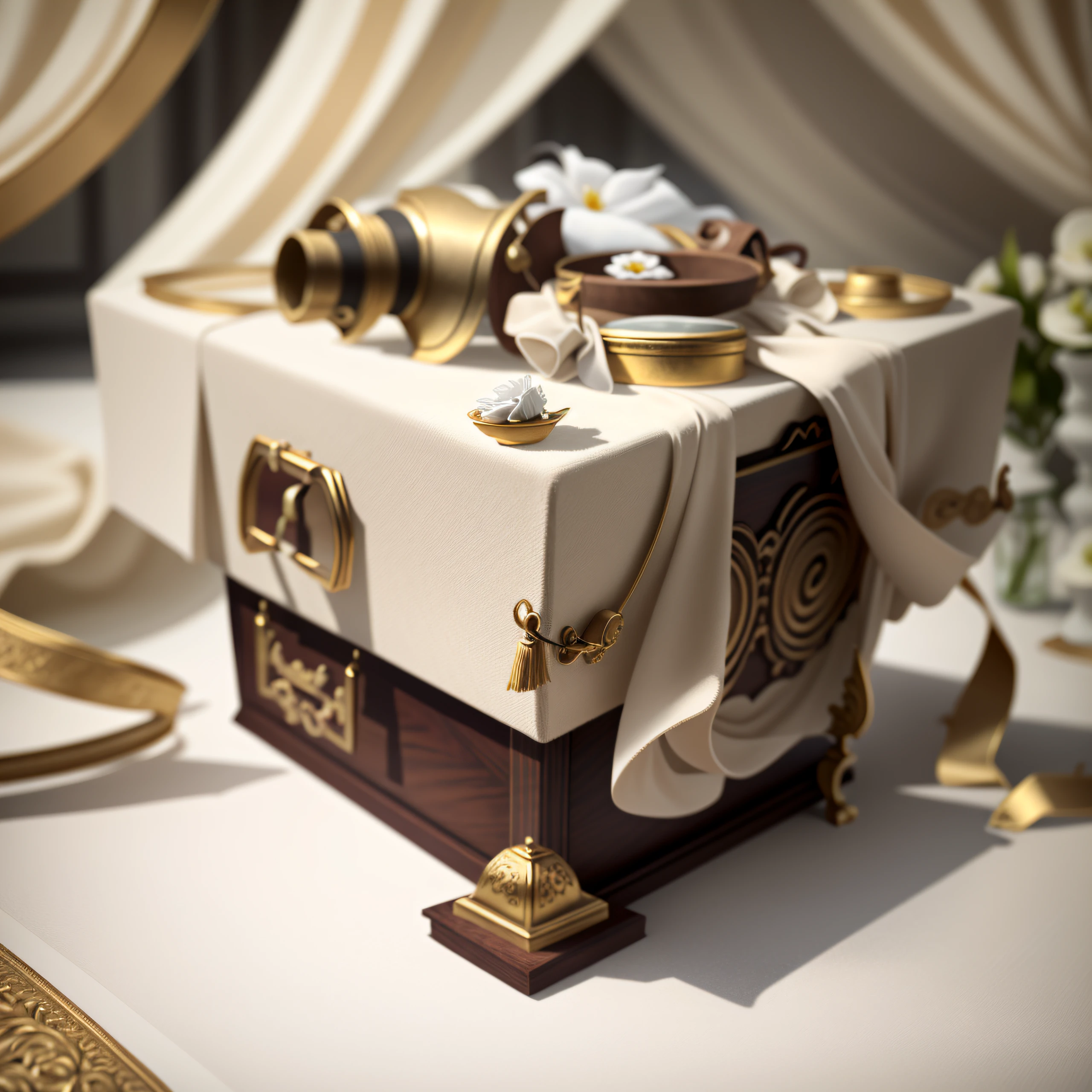There is a white box,There is a white ribbon and flowers on it, white box, front of the treasure box, luxurious wedding, ivory rococo, white pubic fur,gold accents, elegant intricate, box, elegant highly detailed, very detailed and high quality, rendering, luxury item showcase, beautiful detailed elegant, bride,, highly detailed render, intricated detail, 3 d product render