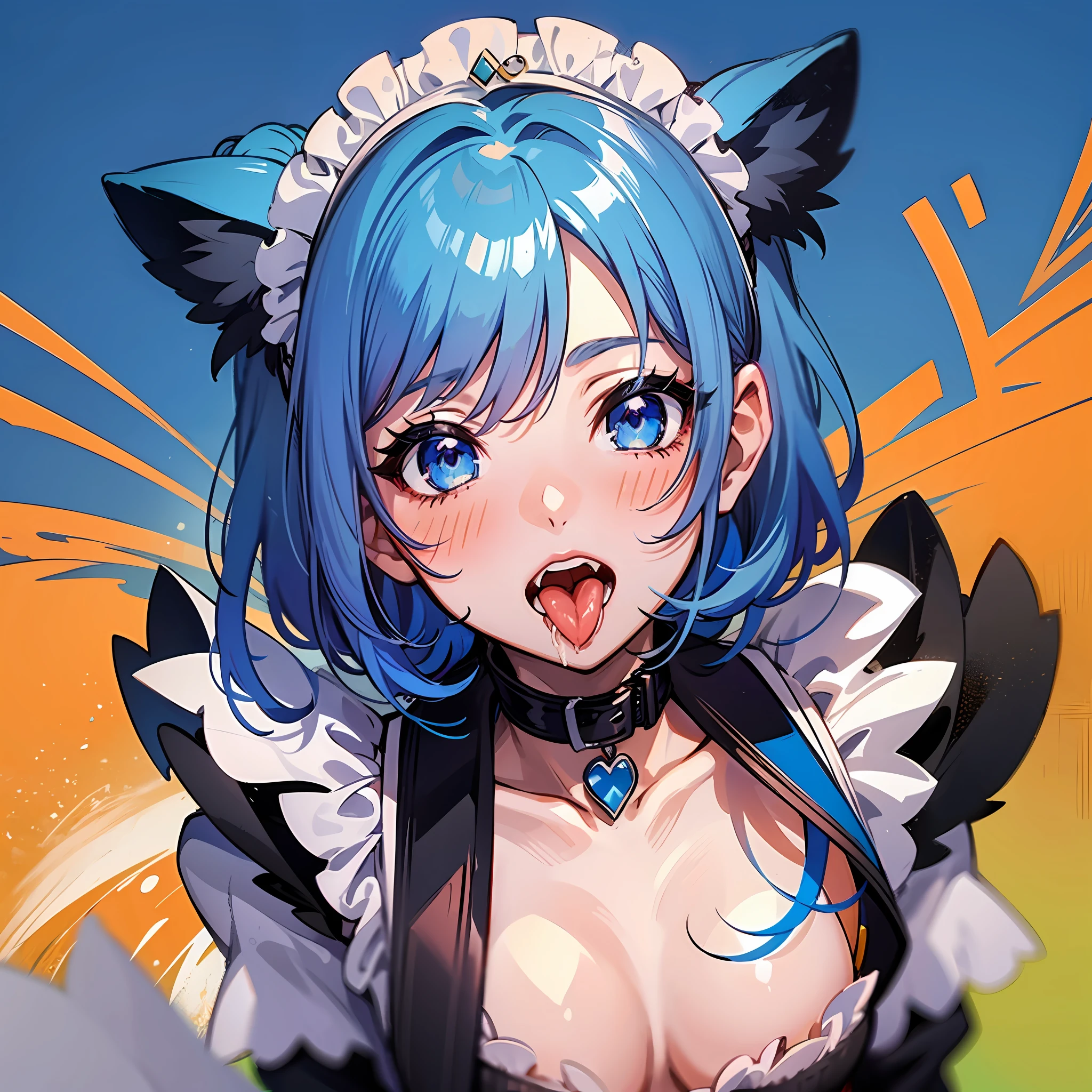 an anime girl with blue hair sticking out her tongue while making a face, 1girl, Tongue,, blue eyes, blush, Open Mouth, viewing viewer, orange background, black color hair, saliva,, maid, Small breasts
yes, solo, tongue out, Collarbone,, cleavage