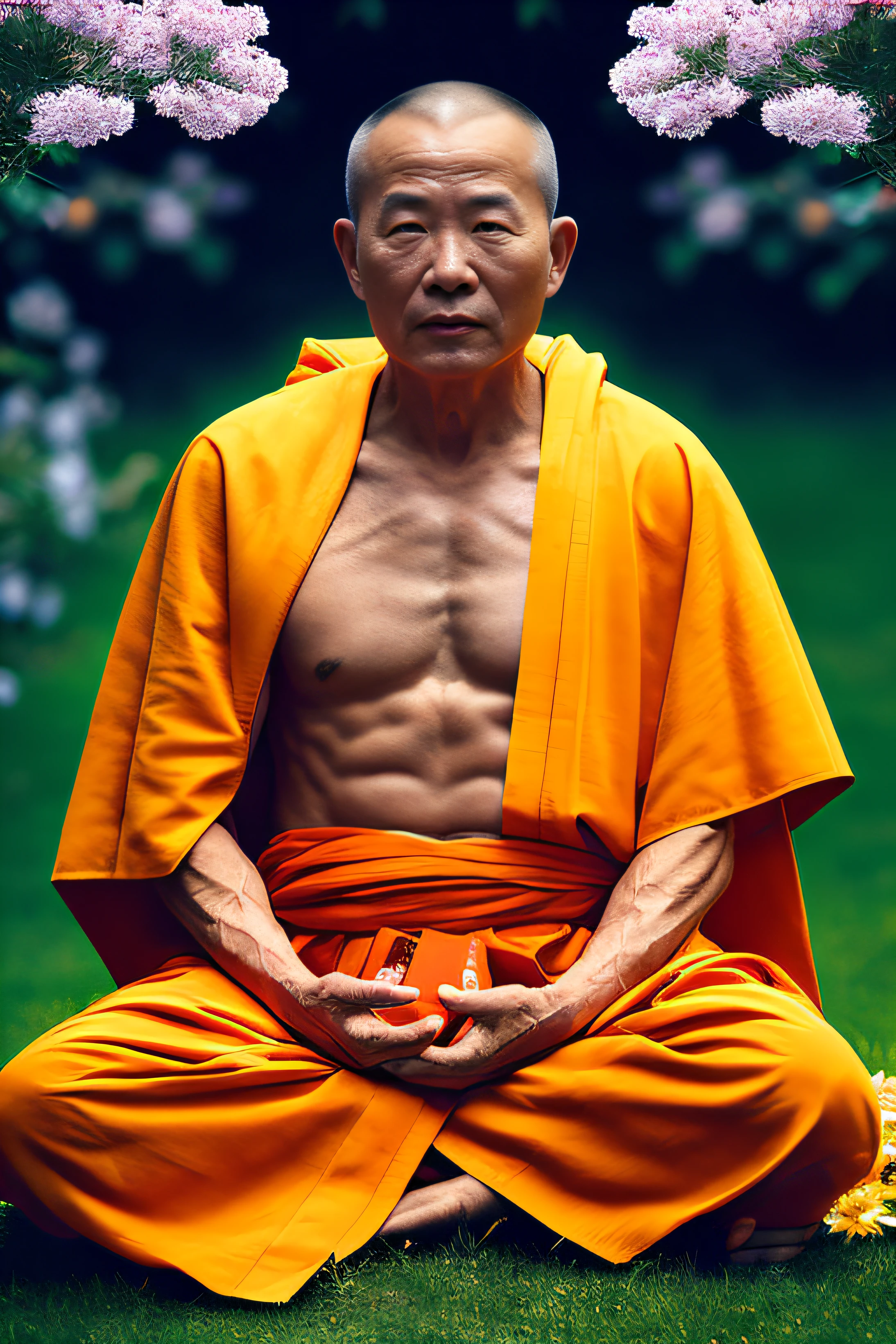 Muscular old Asian monk sits cross-legged in an patch of flowers with his eyes opens in deep meditation, wearing a hood and cape, his stoic expression remains unbroken, (extremely detailed CG), ((Realistic Shadows:1.2)), ((Realistic Lighting:1.1)), [Highest quality], (8K:1.1), ultra-detailed, ((perfect shadows)), best illumination, best shading, (masterpiece), (best quality:1.0), (ultra highres:1.0), well drawn body, (subject in focal point)