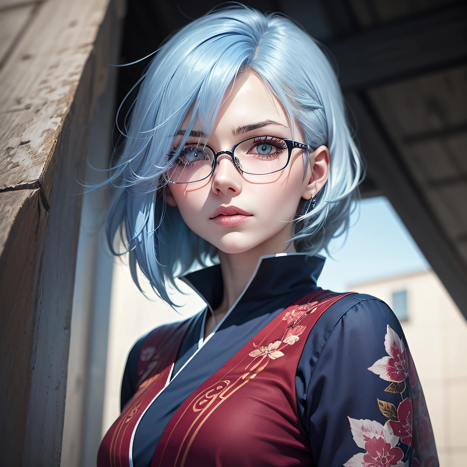 realistic adult female anime character with very pale white skin, gloomy face, short blue colored hair and covering her eye, blue glasses, wearing a burgundy kimono dress --auto