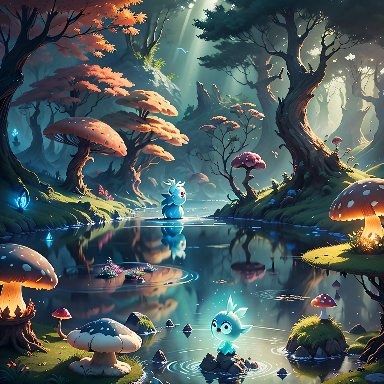 spiritual tree, twilight ray, blonde light, star lit sky, forest with water and rock and bright mushroom, (Ori and the Blind Forest), (Ori and the Will of the Wisps), 2D game, Digital art of, realistic scale, sharp focus, (HDR), (8k), (gigapixel), ((master masterpiece，))