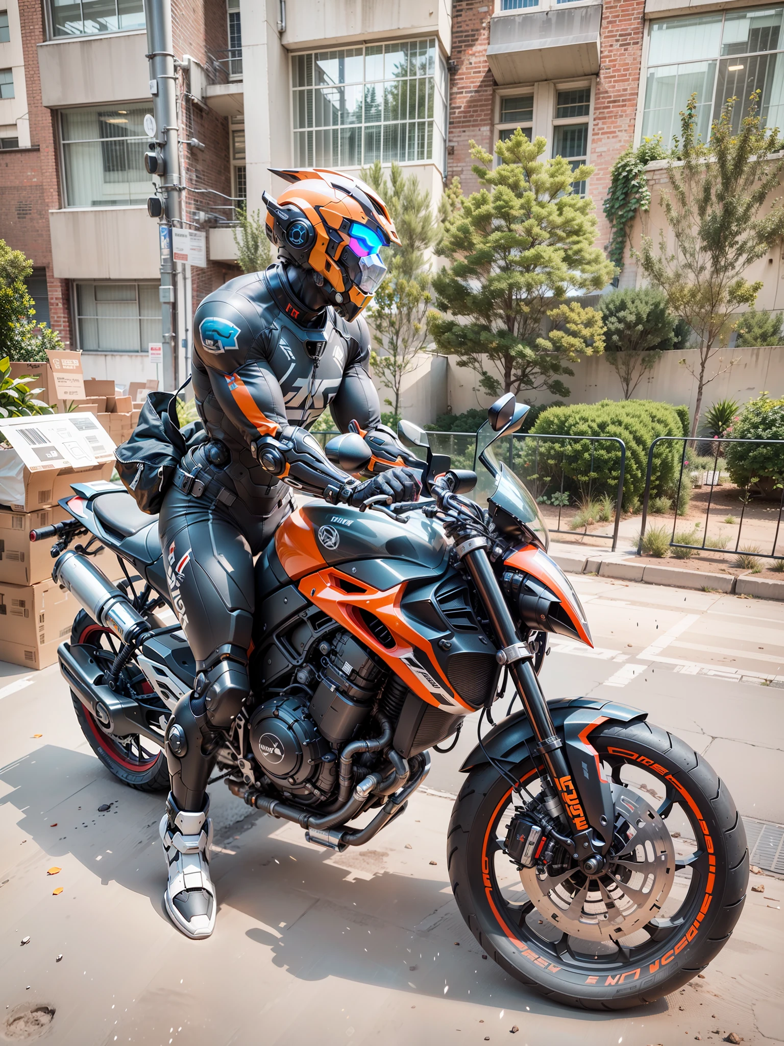 Handsome male cyber warrior,full body mech,Black Cyber mechanical motorcycle,Faceless high-tech black full enveloping helmet,Short White Hair,Nousr, Biomechanics, MSHN Robot Man,High-tech helmet,HyperRealistic, steel, complex design, Insanely Detailed, Fine details, Extremely sharp lines, cinematic Lighting, Photo realistic, A Detailed Masterpiece
