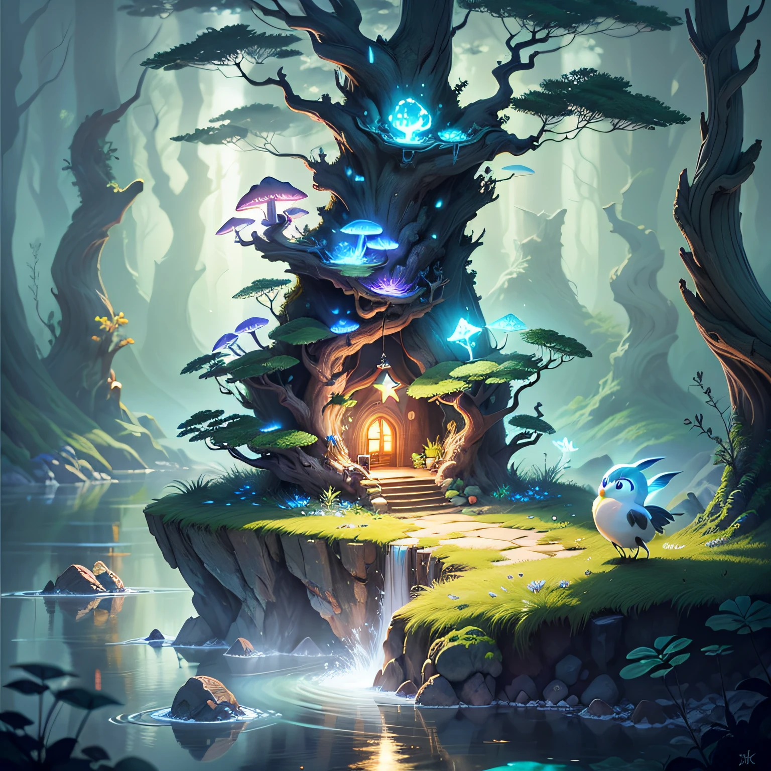 spiritual tree, twilight ray, blonde light, star lit sky, forest with water and rock and bright mushroom, (Ori and the Blind Forest), (Ori and the Will of the Wisps), 2D game, Digital art of, realistic scale, sharp focus, (HDR), (8k), (gigapixel), ((master masterpiece，))