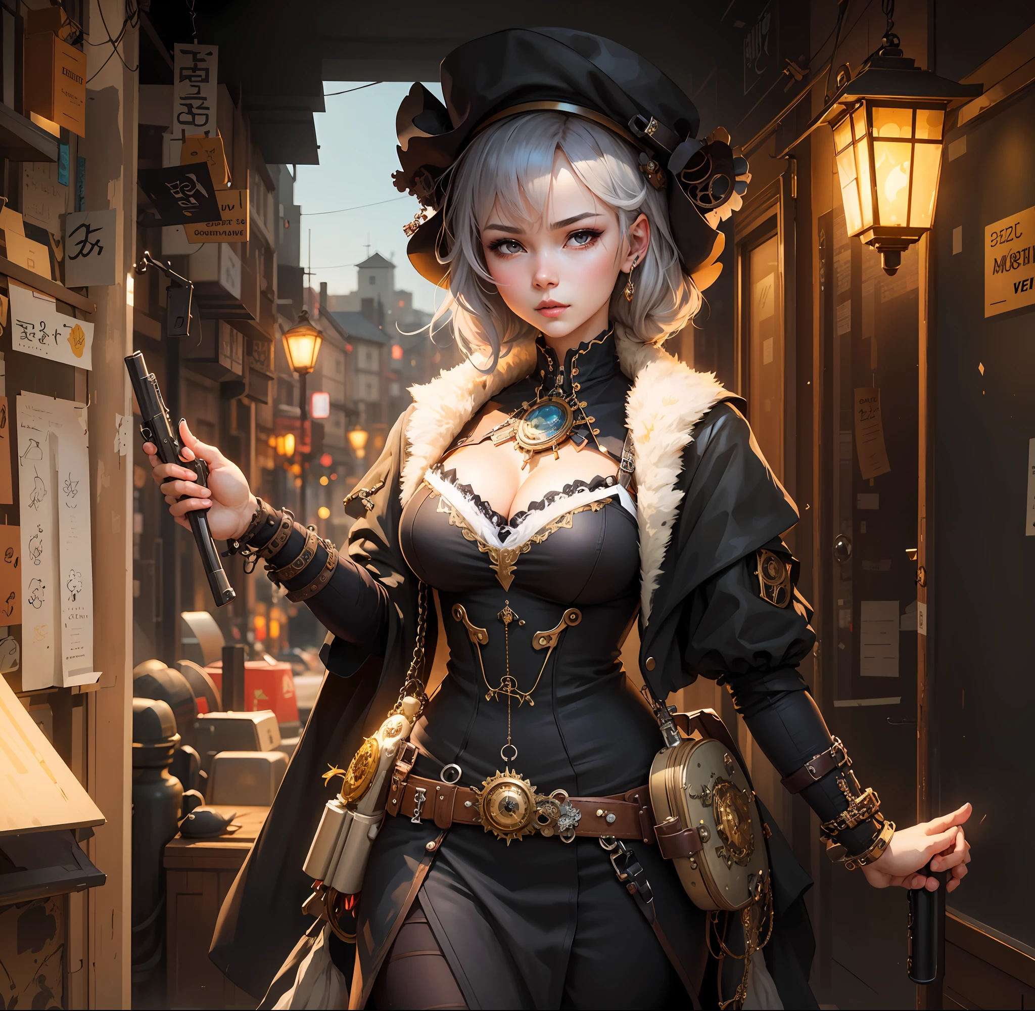 there is a woman in a steampunk outfit holding a gun, steampunk beautiful anime woman, artwork in the style of guweiz, 2. 5 d cgi anime fantasy artwork, guweiz on artstation pixiv, Guweiz in Pixiv ArtStation, cushart krenz key art feminine, Guweiz masterpiece, in steampunk cityscape