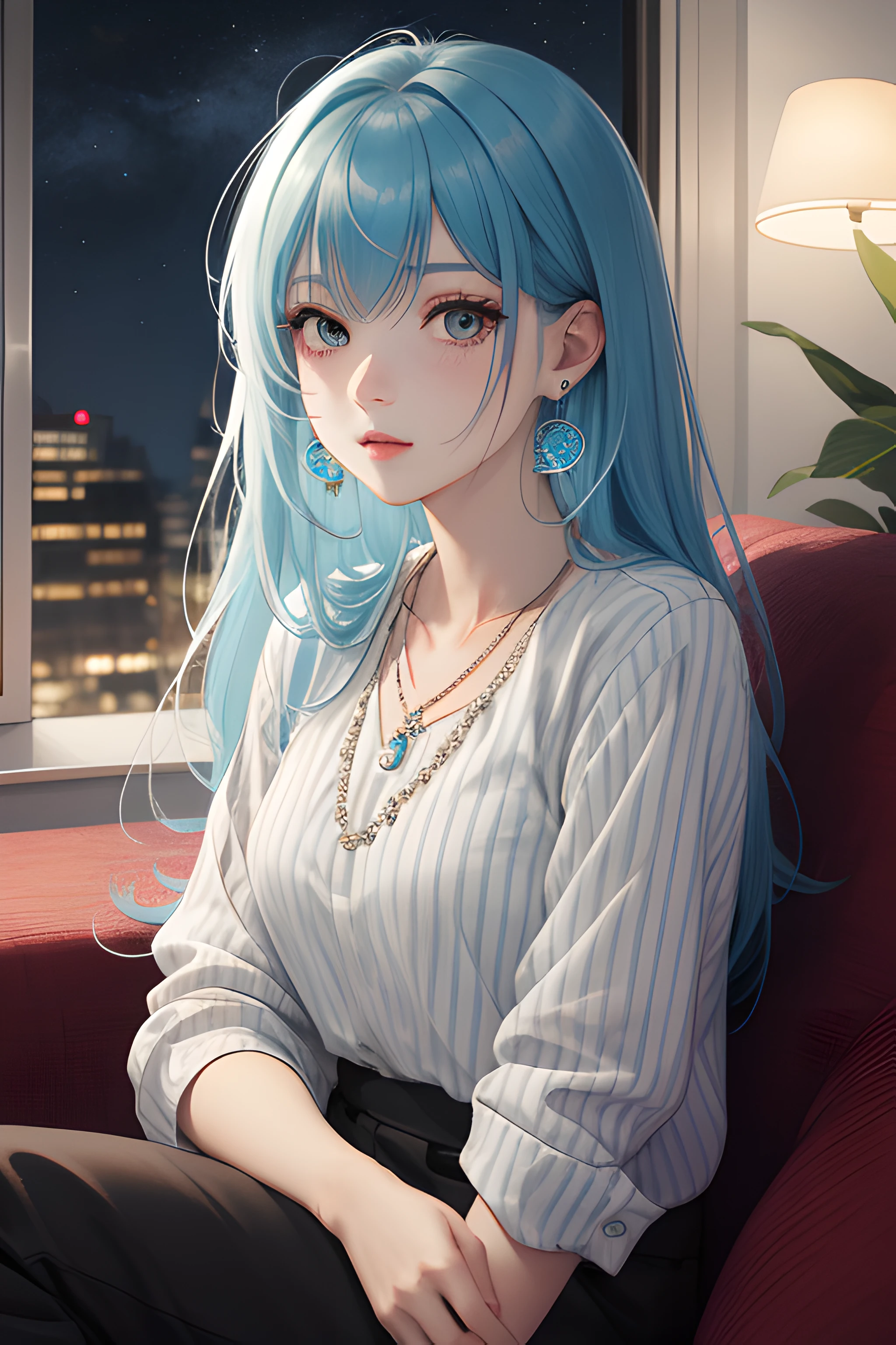 close up, 1girl, solo, [light grey hair:blue hair:0.2], jewelry, v, necklace, looking at viewer, black eyes, long hair, shirt, sitting, striped, indoors, earrings, high contrast, night, dark, (freckle:0.9)