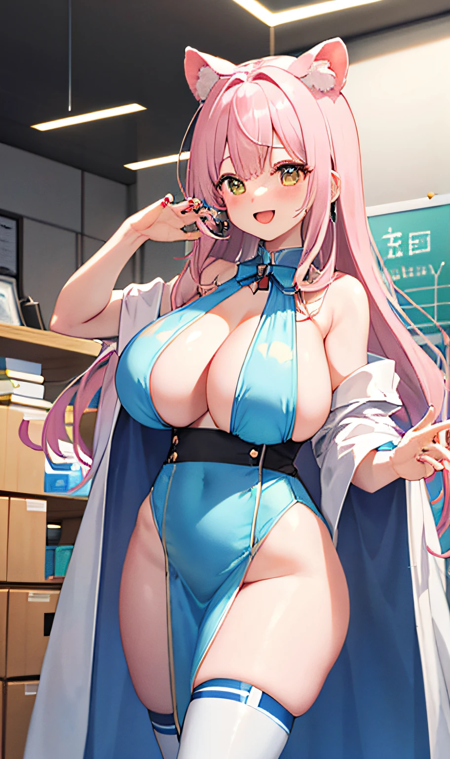 ((master masterpiece、The Highest Quality))、(1人)、pale pink hair、halo、horn、(OL))、bangs、gigantic tits、(full breasts)、slimness、Sorrisos、【Wide Hips】、s Office、Standing、a be\(blue archive)、Tanuki ears、No need for rings