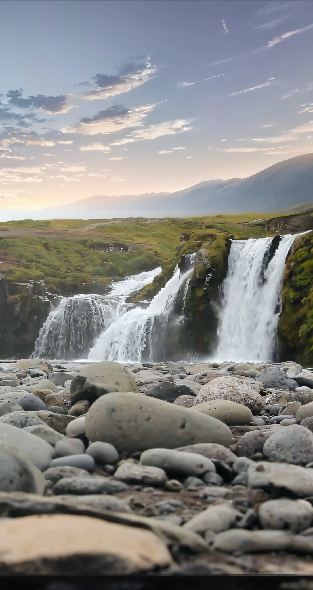 there is a waterfall that is flowing over a rocky hill, video still, a river flowing with waterfall, hd footage, with a waterfalls, icelandic valley,waterfall in background, Large area of sky，the setting sun，Blue sky，White clouds，evening glow，master works