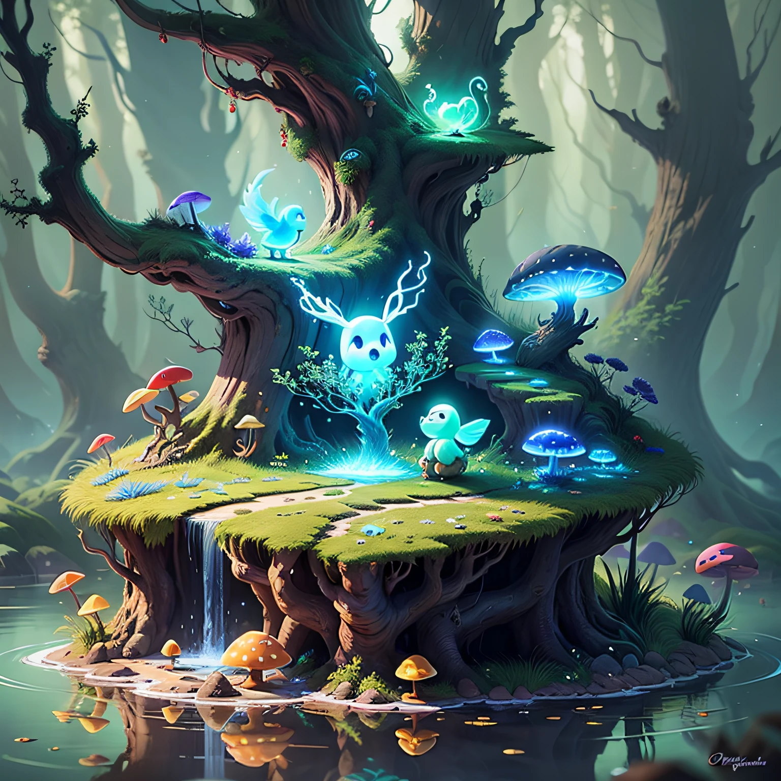 spiritual tree, twilight ray, blonde light, star lit sky, forest with water and rock and bright mushroom, (Ori and the Blind Forest), (Ori and the Will of the Wisps), 2D game, Digital art of, realistic scale, sharp focus, (HDR), (8k), (gigapixel), ((master masterpiece，))