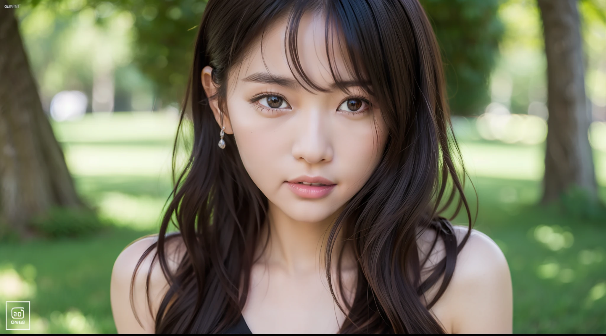 8K， RAW photos，high qualitt， PhotoRealistic，natrual light, Fill in the face， total body，18岁女人， black color hair，Curly Hair, Black eyes， Small Head， Perfect chest shape,Beautifully Drawn Eyes， Real face， Real skin， textured skin,black pantyhoses,Tease the,inticate,Under the tree