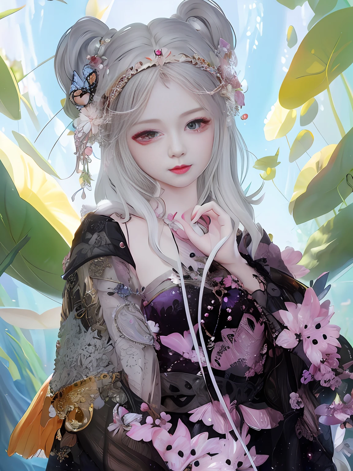 there is a girl with a flower crown and a butterfly headpiece, artwork in the style of guweiz, Guwiz, 8k high quality detailed art,