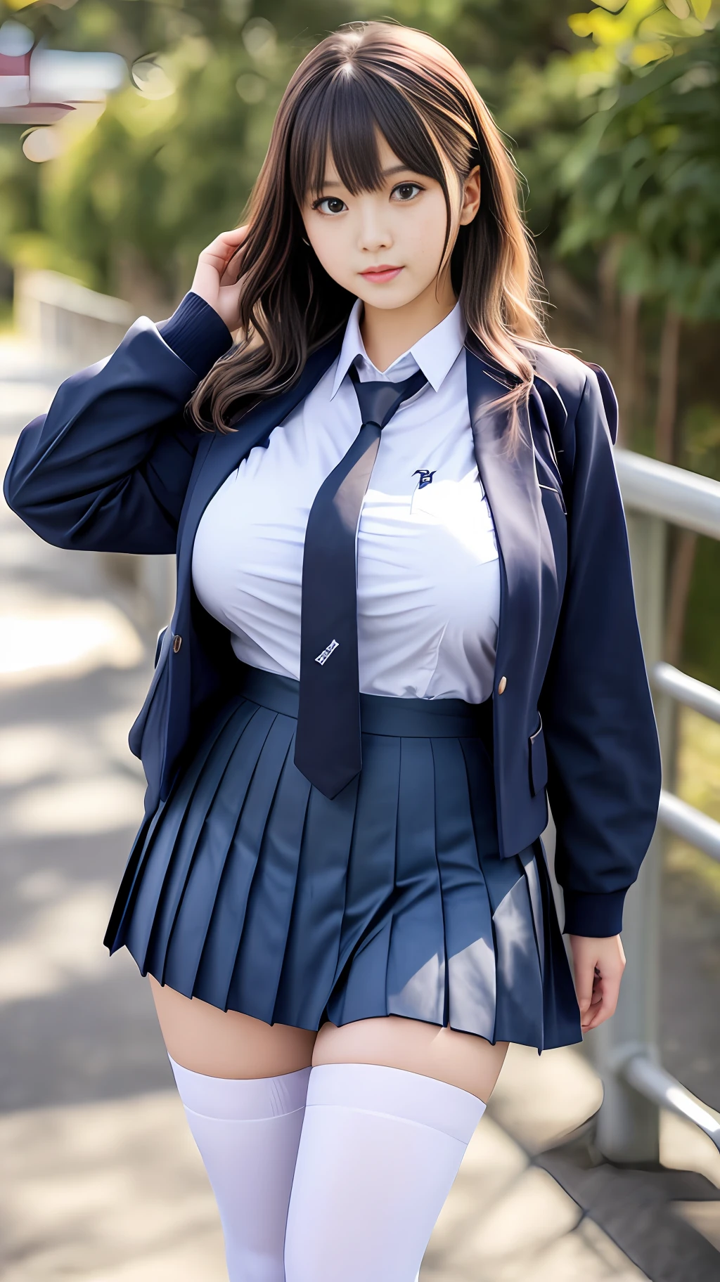 8K, topquality, Real Image, Hyper Detail, UHQ, Depth Field,(Photoreal,Real:1.2),Masterpiece, 0.25 :: , Japan persons_girl, 。.。.。.ai_Chan, Very Beautiful Girl, Innocent big eyes, (Brown_SHORT_pubic h。.airs、Haar、), (deep_GREEN_eyesgod:1.0),(hair bangs), Wavy Hair, messy hairs,(hairpins), perfect shiny skin, Perfect Skin, fair skin, (huge breasts:1.3), narrow waists, light blush, solo, Faint Smile,
chubby under clothes, slightly thicker thighs,
// Clothes ((just a little see-through:0.9) school_uniform), (Blu_Long_wearing a tie), (Blu_pleats_sskirt,), (white knee-high socks): 1.2),
(gravure pose: 1.1),
japanese high school ,total body