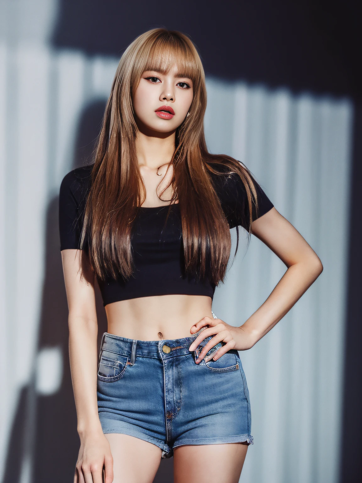 Photo realism,Posters,volume lighting,Very detailed faces,in dark,Deep Shadow,Low Key,Cowboy photos,bestbestquality,,Lisa wears a white skinny T-shirt,expose waist,erogenous,Denim fat shorts,fullbody photo,STANDING POSITION,Photographic light