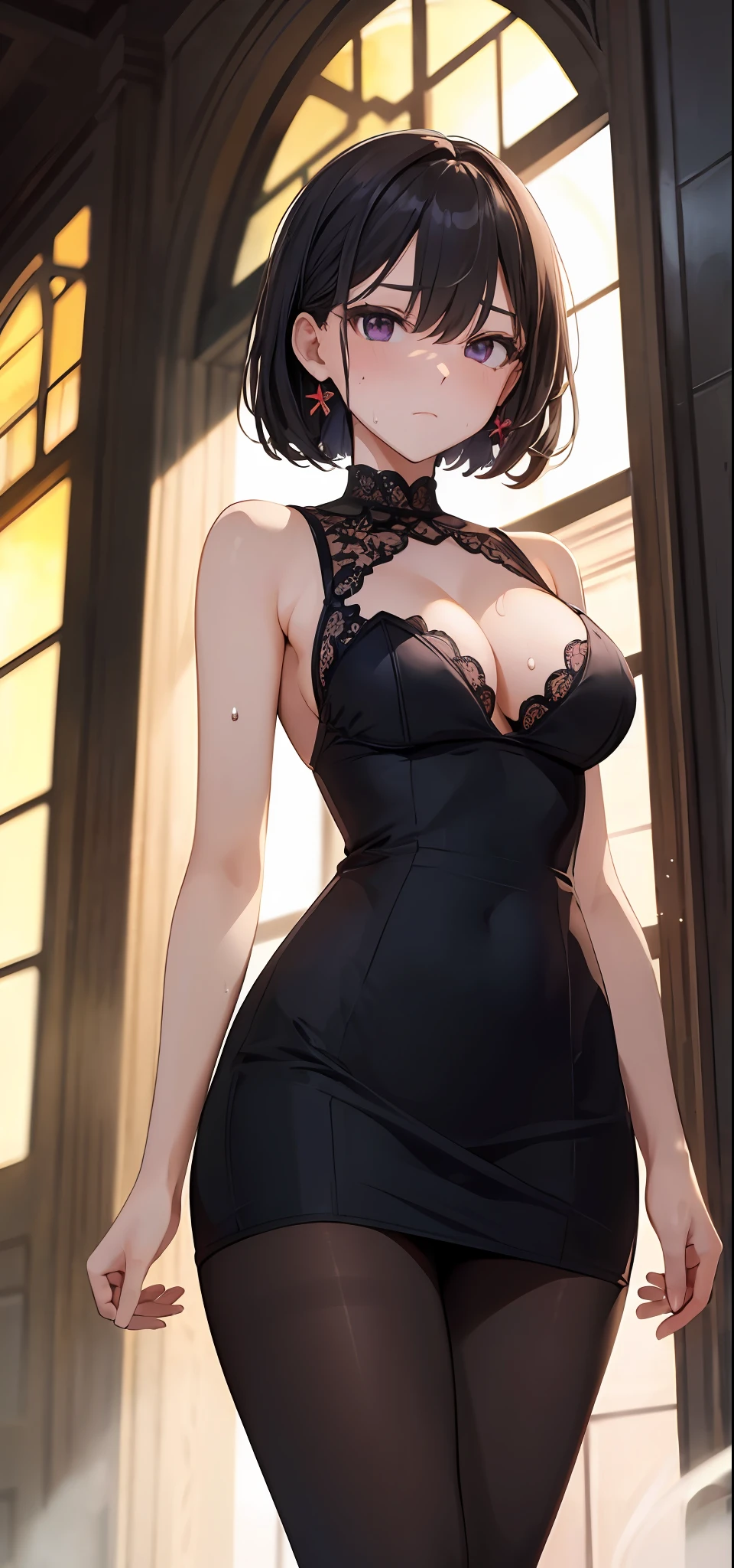 masterpiece, perfect quality, perfect detailed, high resolution, extremely delicate and beautiful, (evening dress), (pantyhose), (breasts), (sweating)