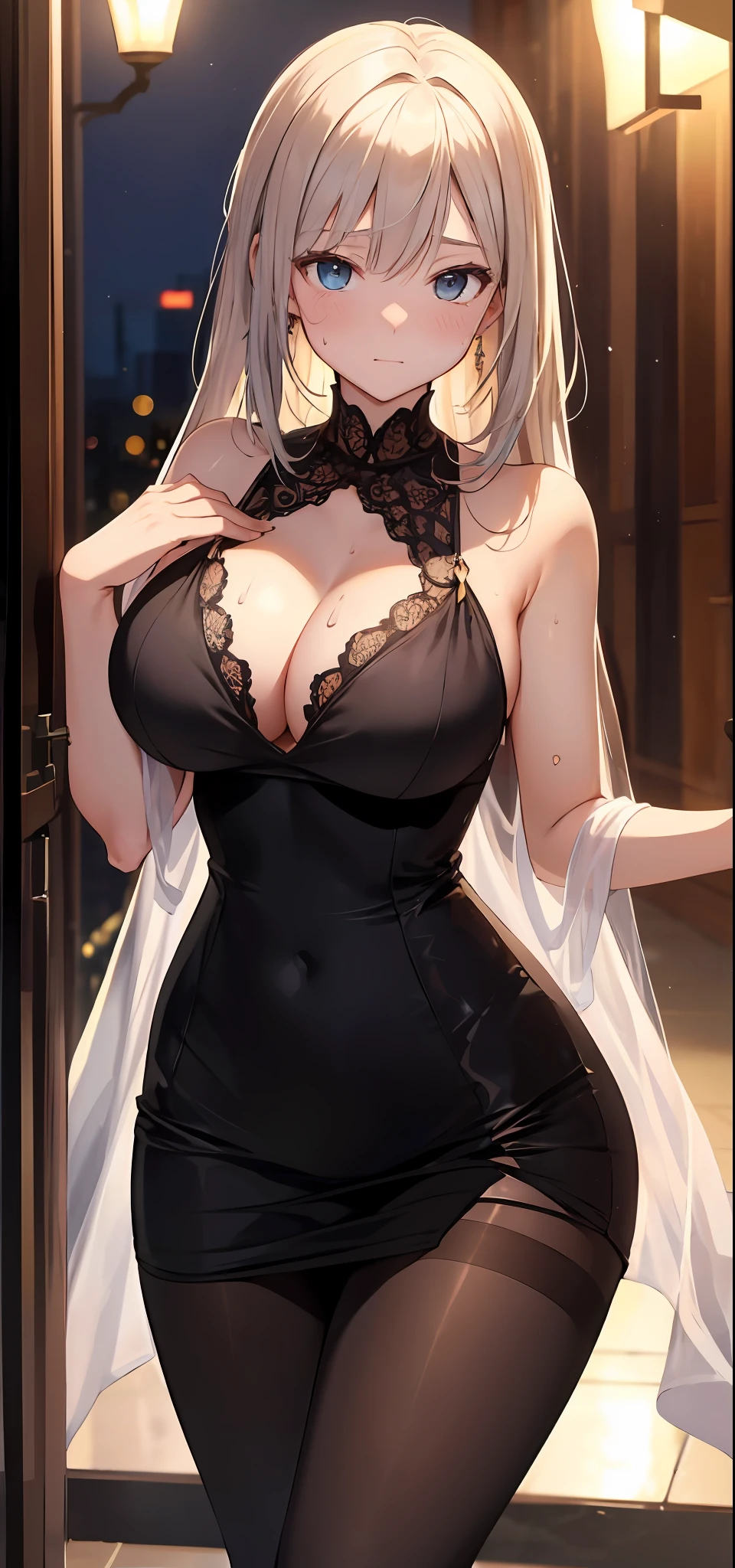 masterpiece, perfect quality, perfect detailed, high resolution, extremely delicate and beautiful, (evening dress), (pantyhose), (breasts), (sweating)