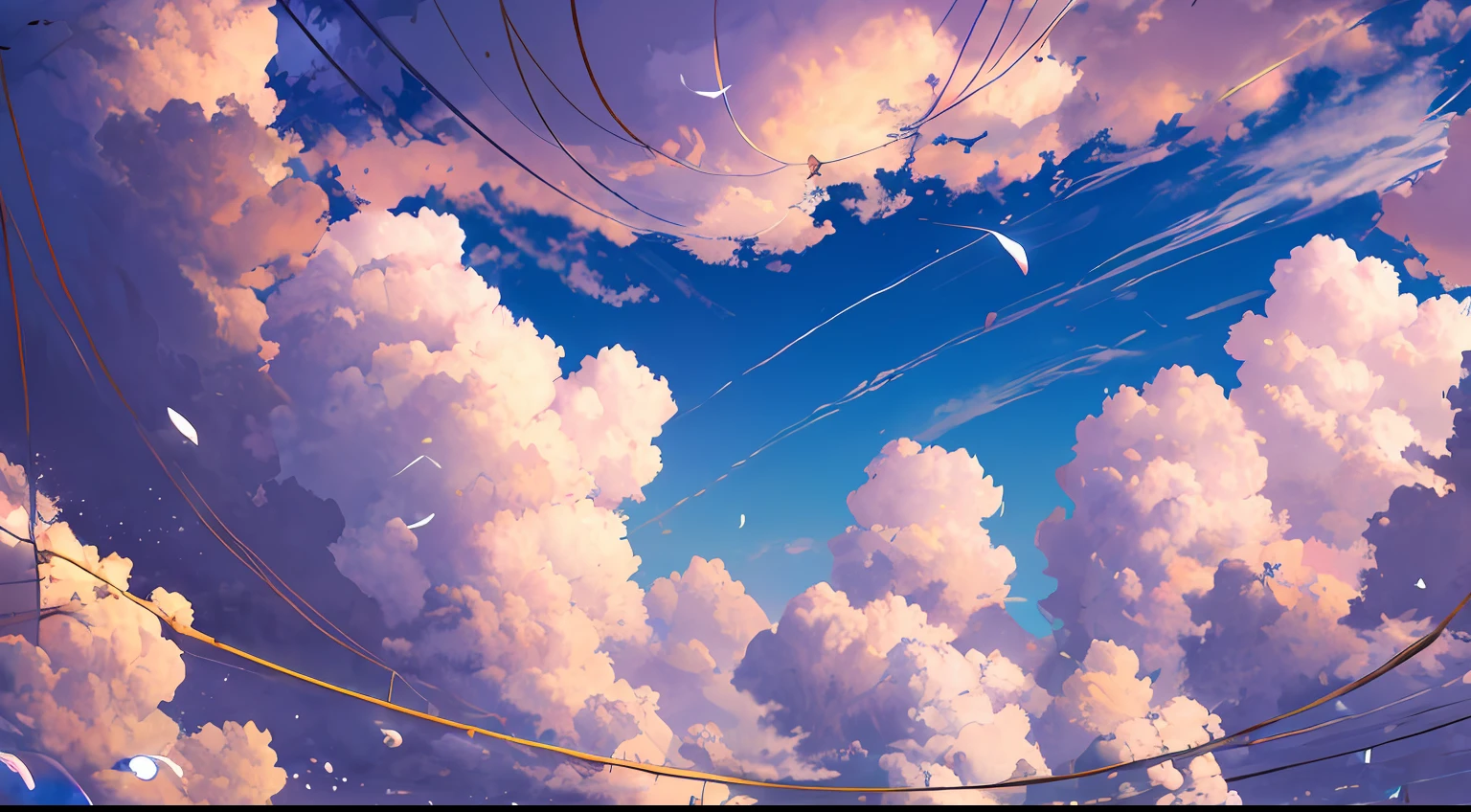 Sky, smiles, multiple round characters, clouds, clear weather, no humans, aerial wires, beauty.