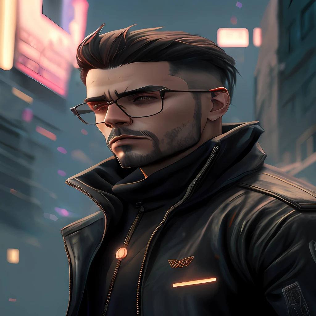 A closeup of a man with sunglasses and a leather jacket, cyberpunk hero, Retrato de um homem cyberpunk, retrato cyberpunk, cara cyberpunk, Retrato de Adam Jensen, retrato da arte do personagem, arte do personagem cyberpunk, personagem cyberpunk, retrato detalhado do caractere, unreal 5. retrato de rpg, retrato de alta qualidade, artstation mans aesthetic, Guilherme H. Pongiluppi, Wojtek FUS com um fundo neon fosco com qualidade ultrarrealista