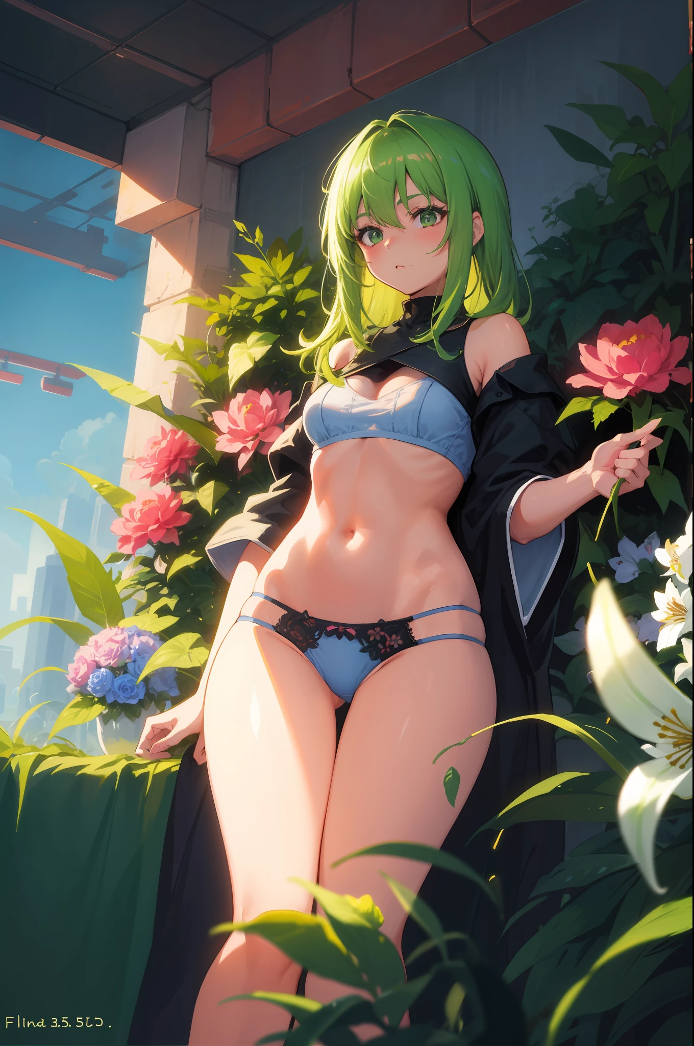 Masterpeace, BestQuality, 1 женщина, 28 лет, (floral panties), Bright colors, Volumetric Lighting, best shadows, Shallow Depth of Field, (Top quality, amazing details: 1,25), Brilliant Colorful Paintings, nature, bower, Succulents, Roses, Lily, Peonies, fern, Palma, Cyberpunk, fancy, magic, flicker, Glare, neon garland,