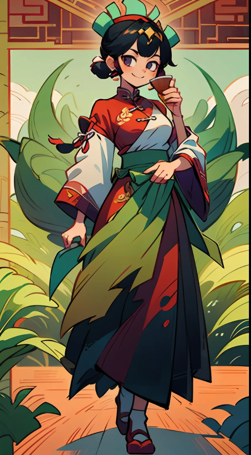 (High quality CG,Chinese painting style),(an woman),Full body diagram,3头身,Beautiful dance,Character standing drawing,Chinese ethnic girl,paisagem rural,the countryside,yama Kali,Rose red,black tea,Take the leaves,drinking tea,Chinese national costumes,The girl smiled,picking tea,Ethnic tiara,Silver headdress,,Looking towards the camera,C4D,OC rendering,Movie edge light,Fine light,master masterpiece,super-detail,Epic composition,UHQ,hig quality,32k