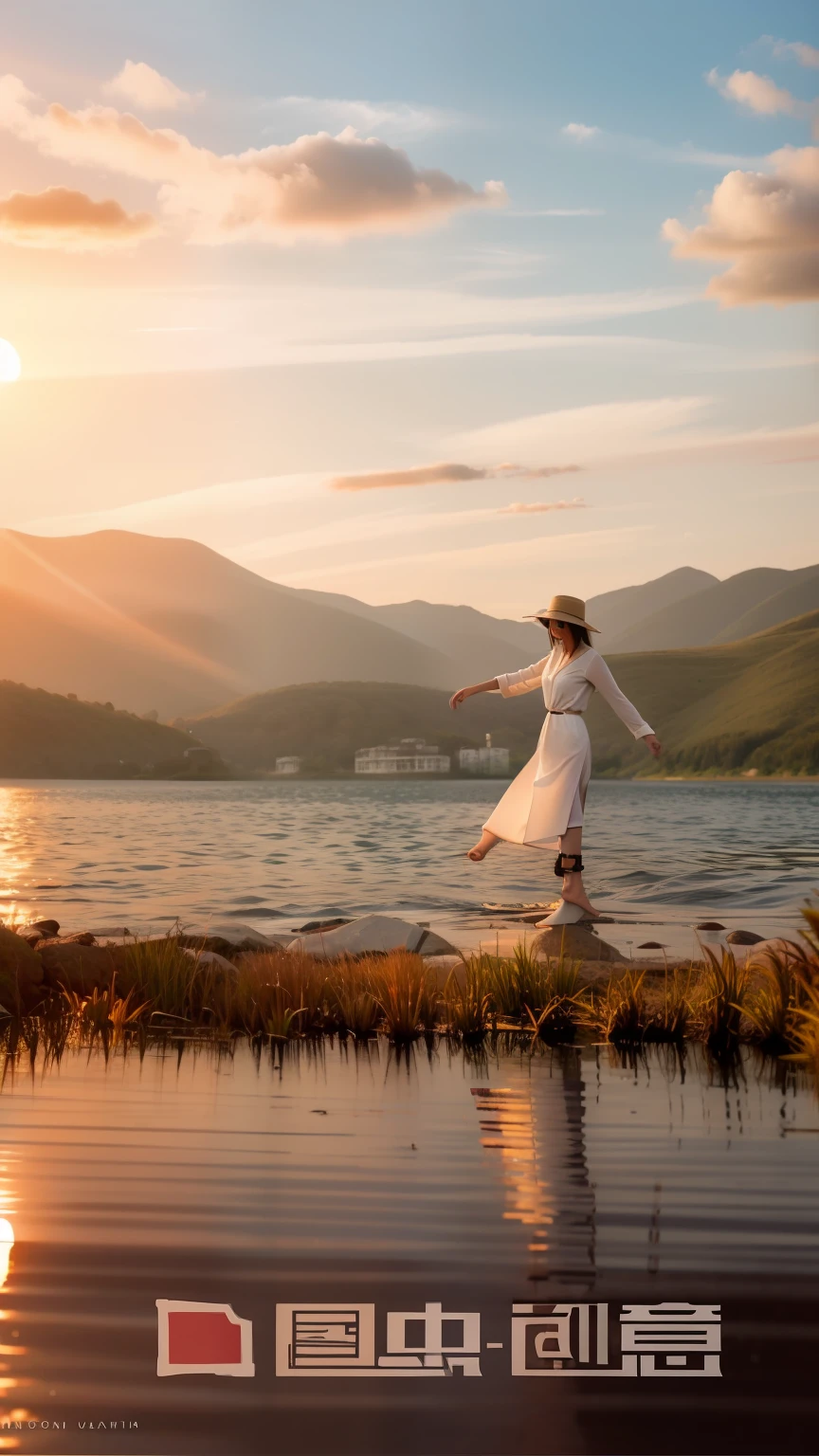 Hand drawn,the setting sun,lakes,great view