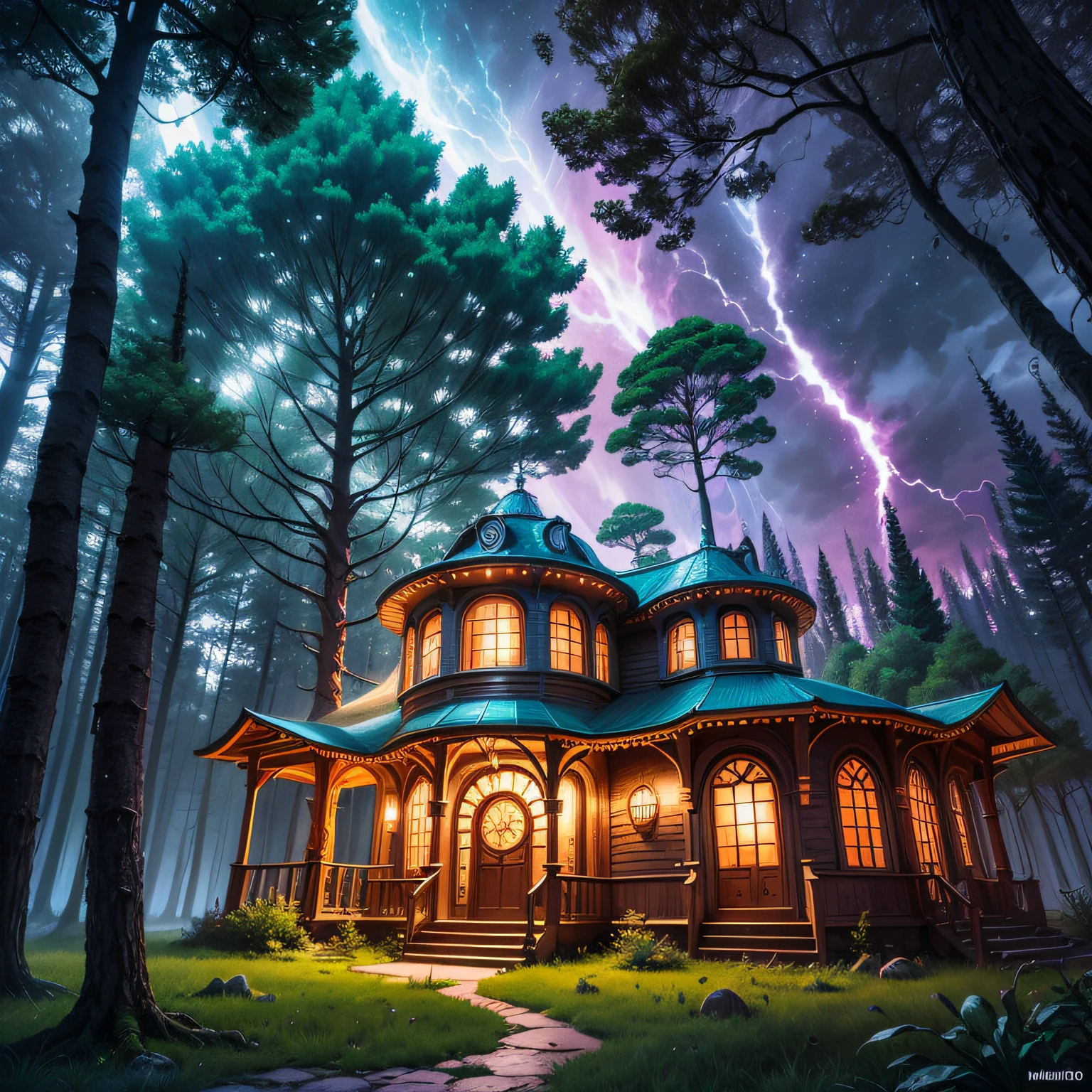 disco style,Magic house in the trees ,comic pinup style, the golden ratio, Perfect Composition, master masterpiece, trend in the art station, oversaturated, Epic reality, HDR, intricated detail,